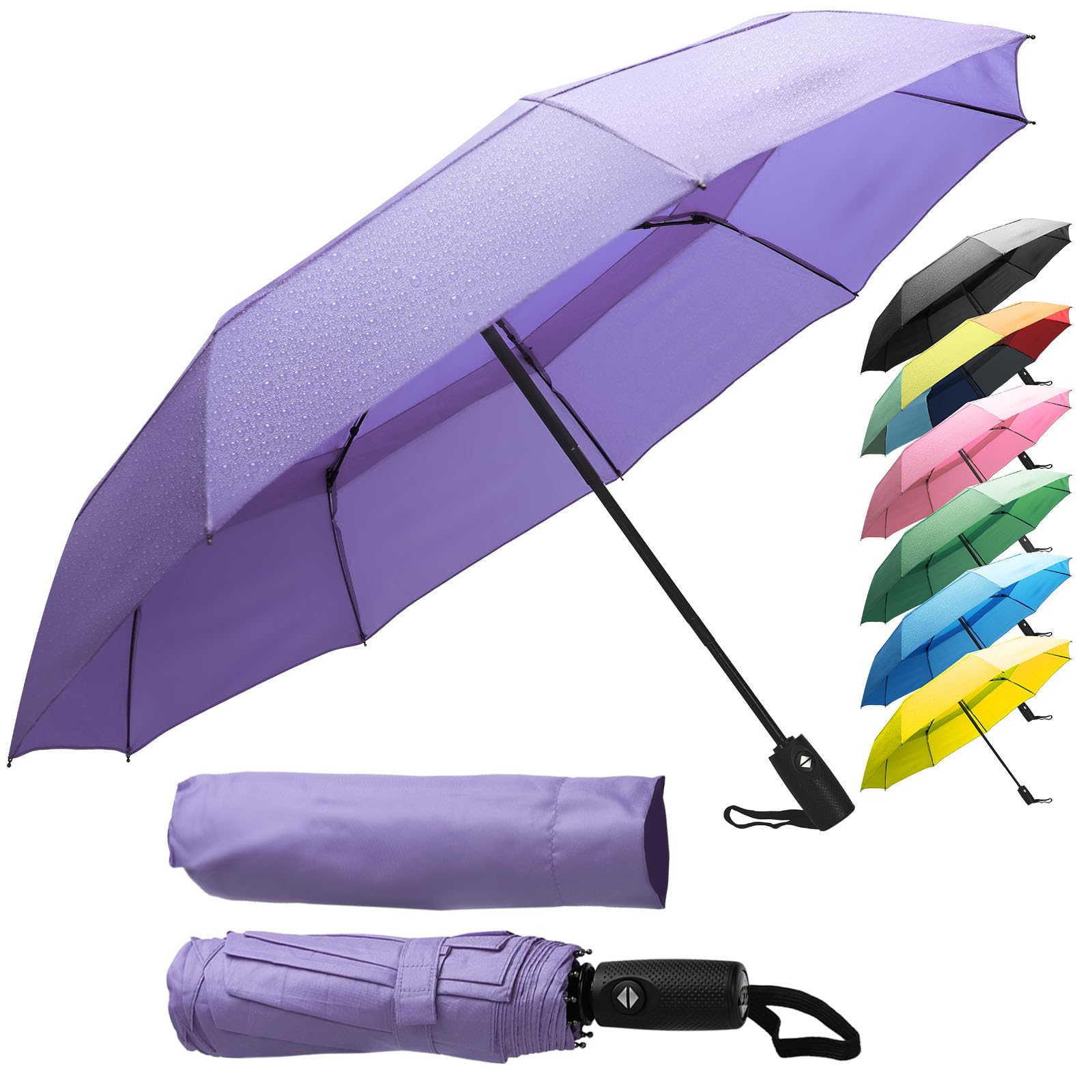 ZENO Travel Umbrella Compact - Small Umbrella for Backpack & Purse, Portable Automatic Umbrellas for Rain, Windproof, Reinforced Fiberglass Ribs, Water-Repellent Teflon, Purple