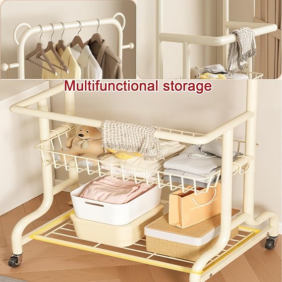 Metal Clothes Rack with Wheels,Metal Garment Racks with Hooks & Bottom Shelf,Rolling Coat rack for Hanging Clothes,Bedroom Living Room Storage Organizer,Black/White(Black,40cm(15.7in))