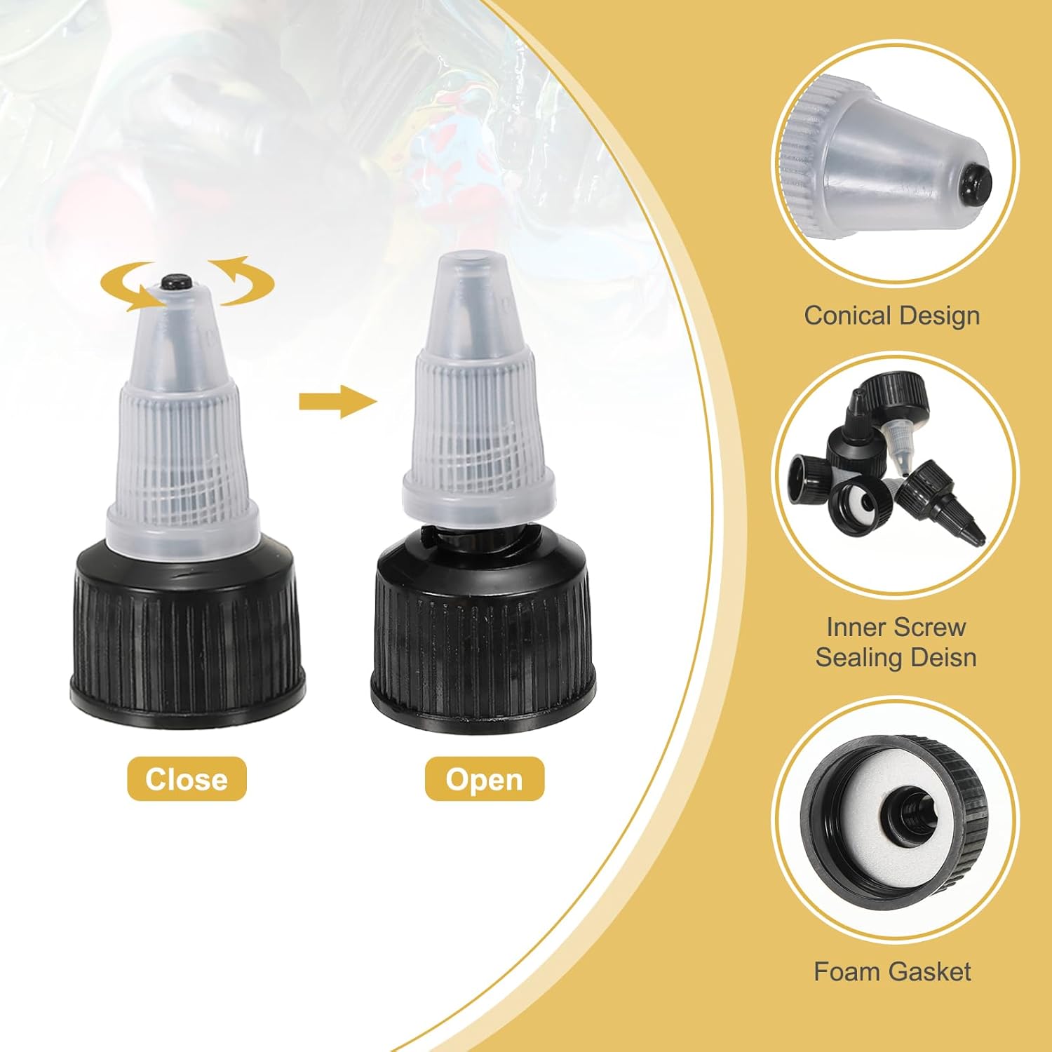 PATIKIL 24/410 Twist Bottle Caps, 18 Pcs Plastic Ribbed Edge Squeeze Bottle Replacement Caps with Foam Gasket for Paint Lids Glue Dispensing, Clear Black
