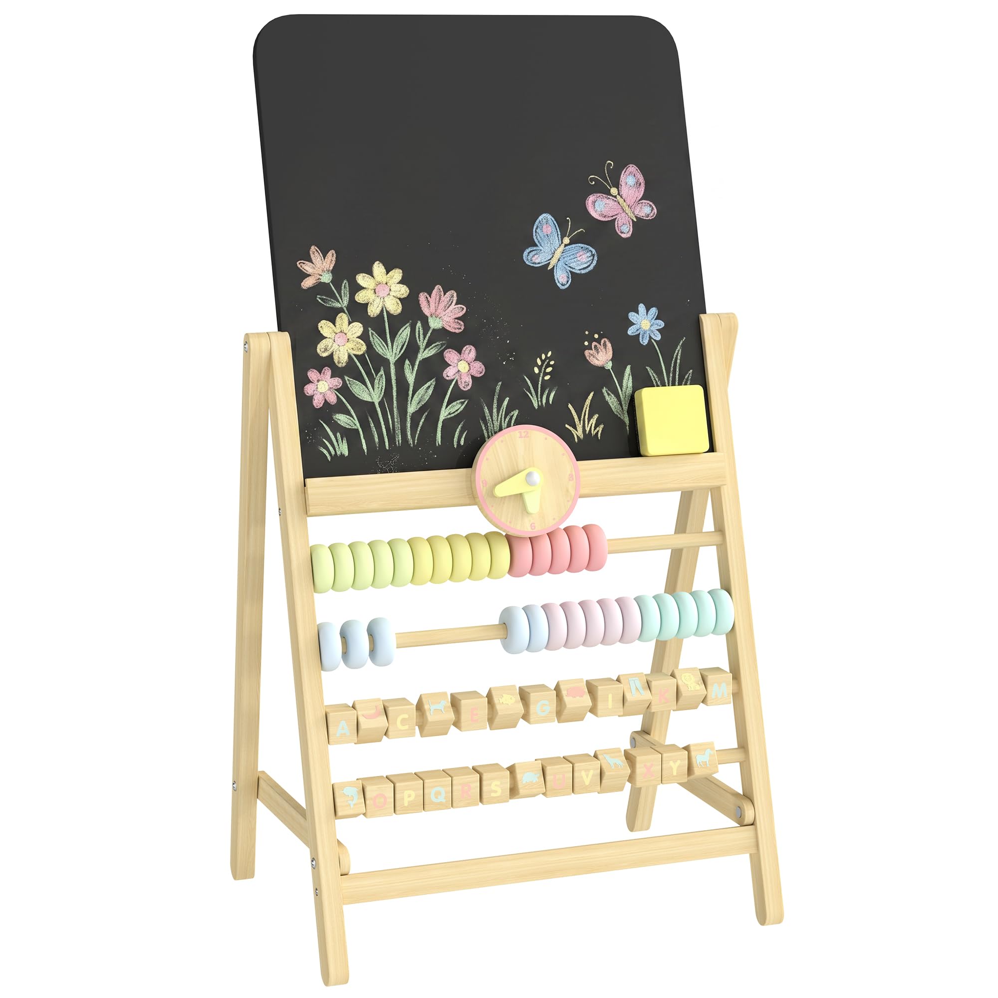 AIYAPLAY Lavagna per Bambini Doppia Facciata in Legno 2+ Anni Color Legno | Cancellabile, Lavagnetta Bambini in Legno con Cavalletto, Orologio Removibile, Abaco Integrato, Cancellino