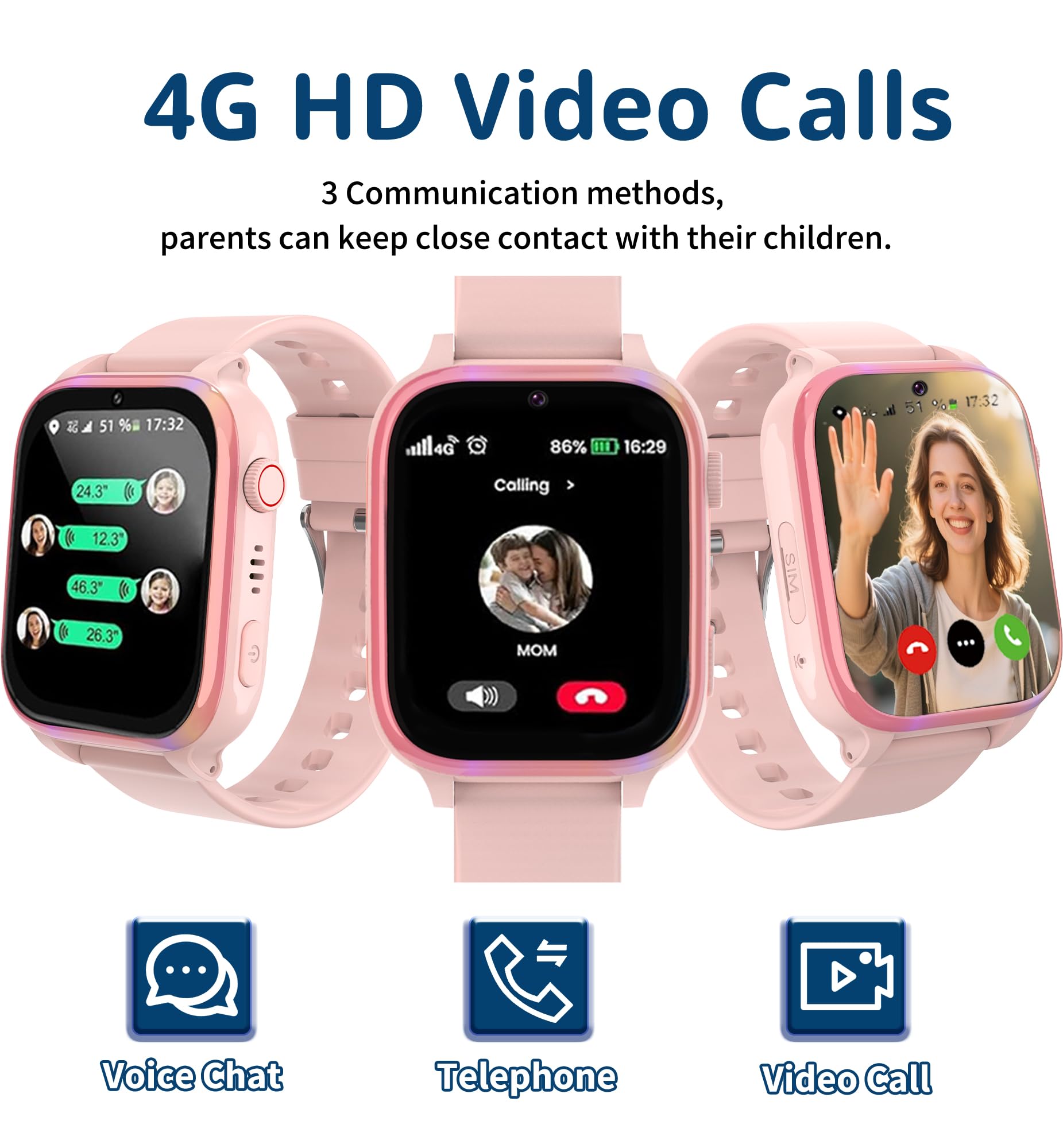 4G Smartwatch Bambini con GPS e Videochiamate, Orologio Telefono Bambino con Chiamate, Chat Vocale, SOS, Modalità Scuola, IP68, Contapassi, Sveglia, Fotocamera, Regalo per Ragazza e Ragazzo, Nero