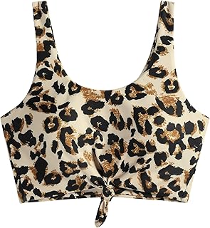 ZAFUL Women's Front Knot Bikini Tops Crop Tankini Top Scoop Neck Padded Bathing Suit Tops, 1-leopard, Medium Price In India