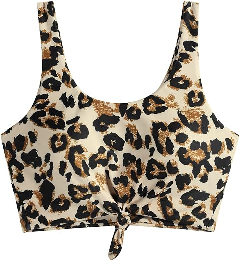 ZAFUL Women's Front Knot Bikini Tops Crop Tankini Top Scoop Neck Padded Bathing Suit Tops, 1-leopard, Medium