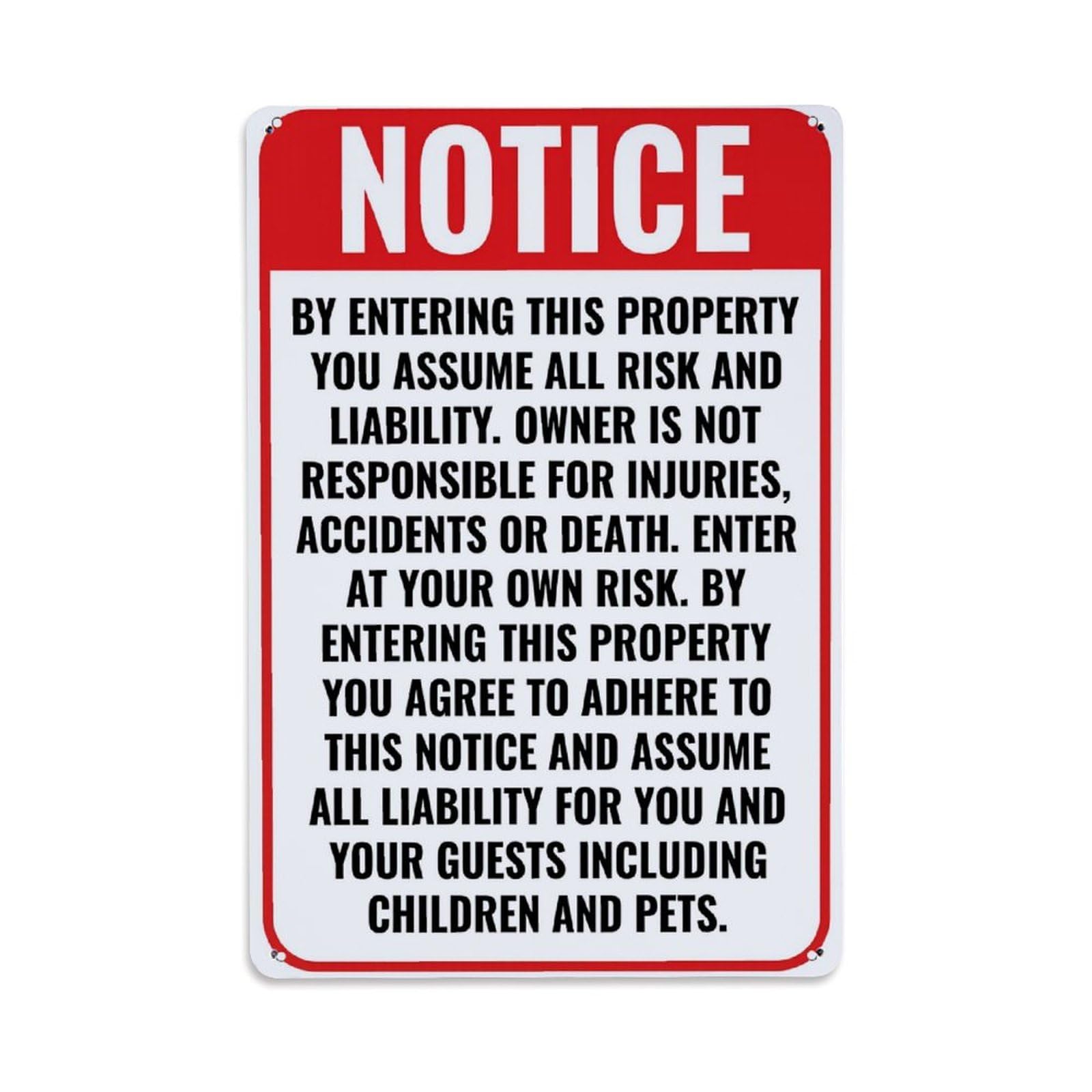 Enderetf Vintage Notice Warning Sign Red White Text Tin Sign Metal Poster, Home Bar Garage Man Cave Cafe Indoor & Outdoor Wall Decoration 8X12inches