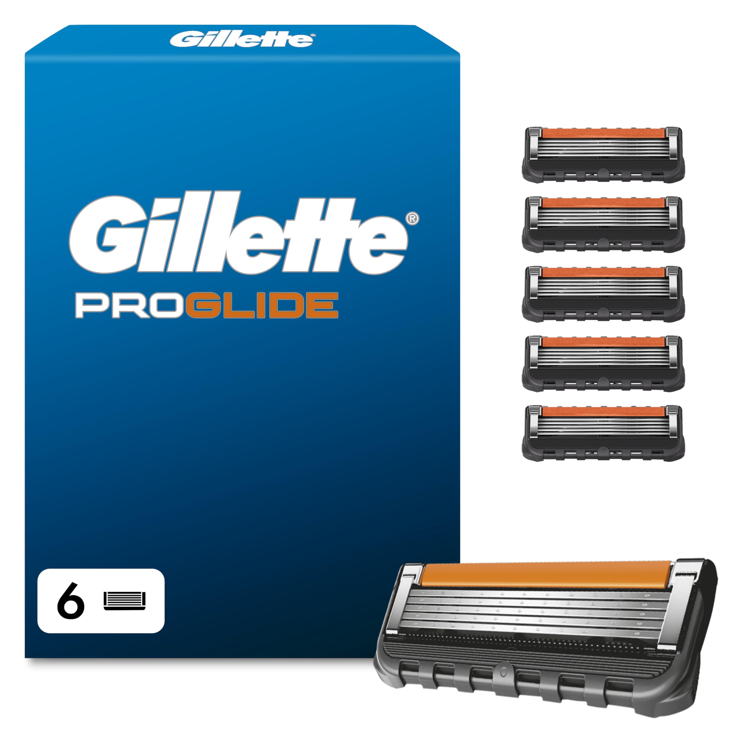 Gillette Lames de Rasoir Homme Proglide, Pack de 6 | Cartouche Dotée de la Bande Lubrifiante x2, Ultra Affutées, Longue Durée, en Acier Inoxydable, 1 Recharge Jusqu’à 30 Rasages