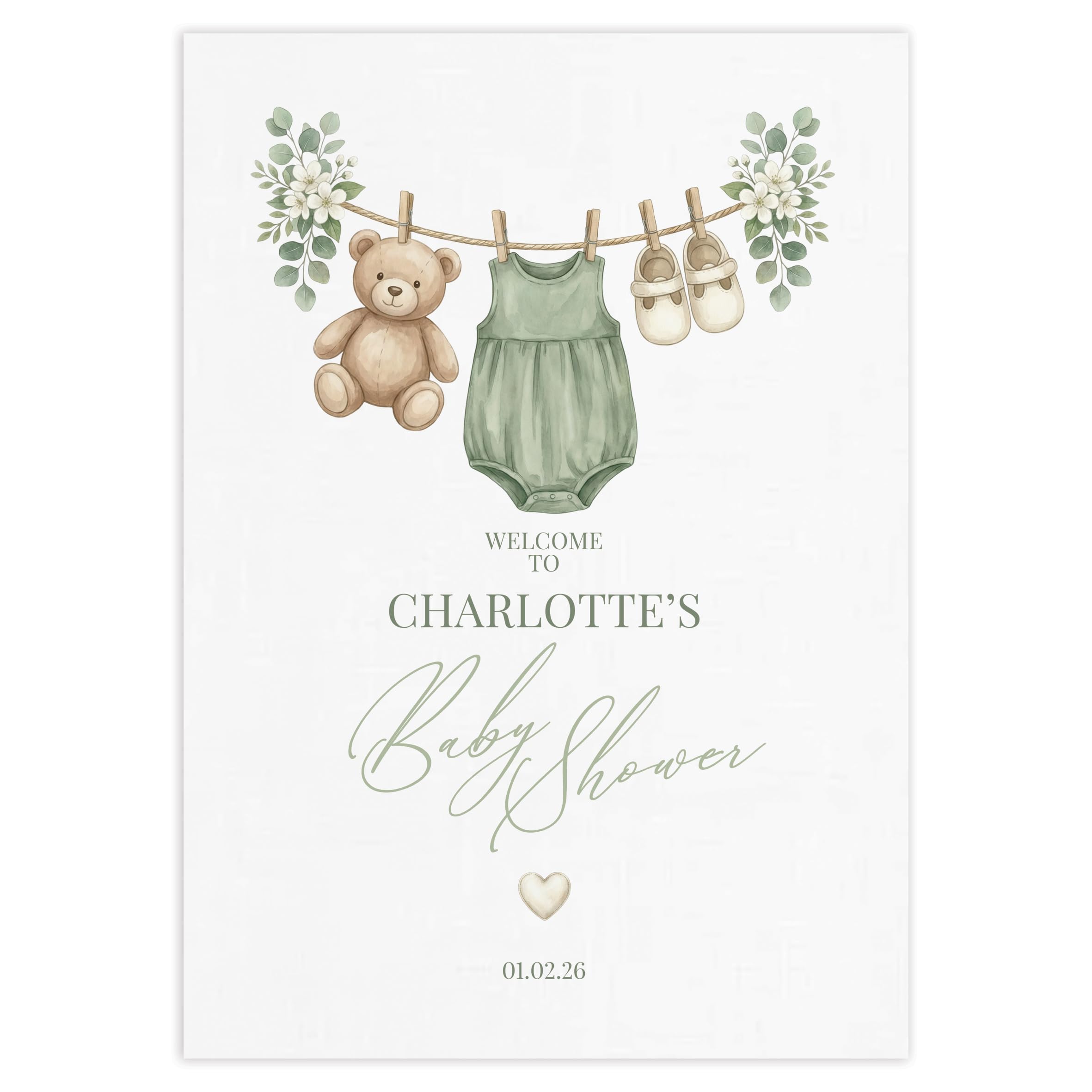 Personalised Baby Shower Welcome Sign/Poster - Boho Nursery Theme - (Green, A3 Poster)