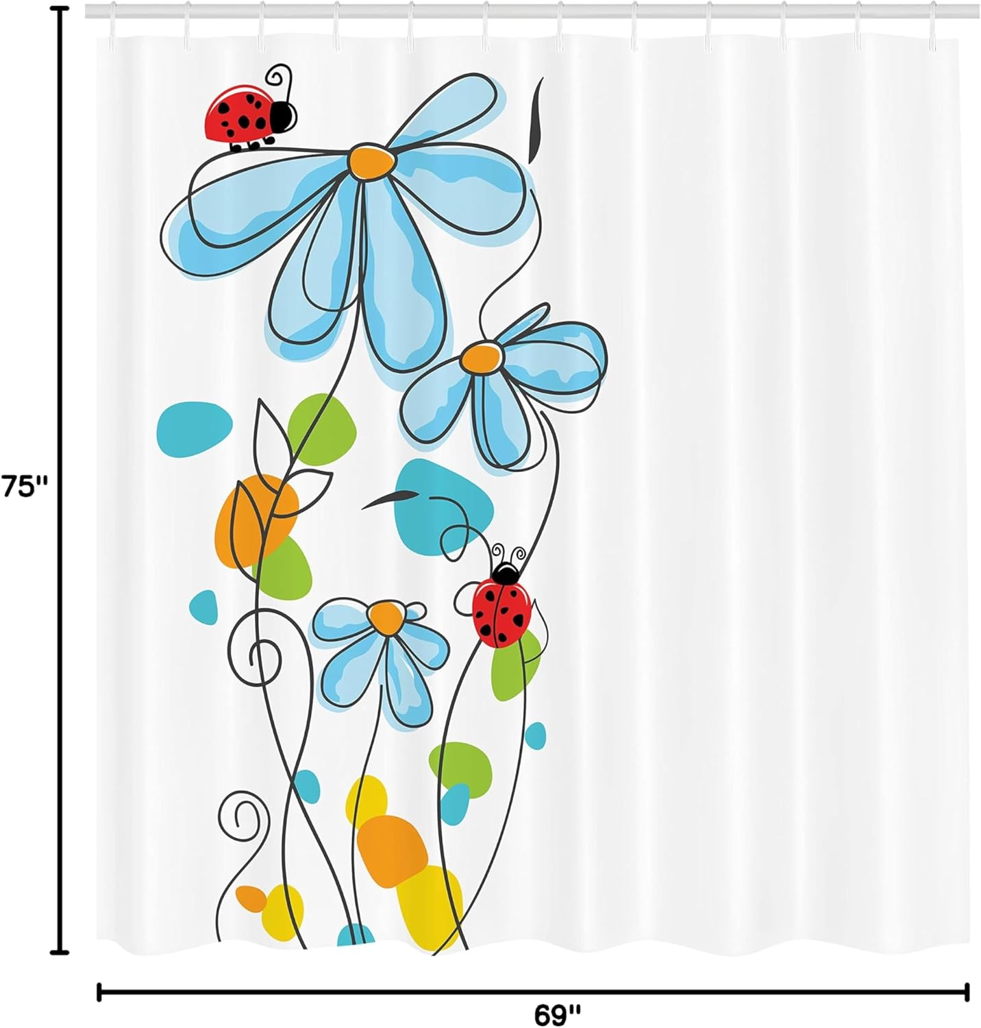 Ambesonne Ladybugs Shower Curtain, Flowers Oval Dome-Shaped Ladybugs Illustration Never Ending Love Story Luck, Cloth Fabric Bathroom Decor Set with Hooks, 69" W x 75" L, Multicolor
