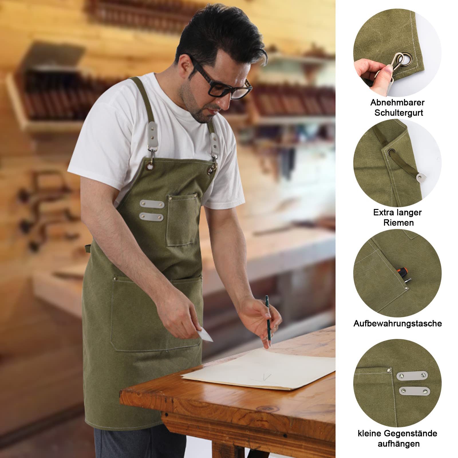 Grembiule da Lavoro - Grembiule da Saldatura con Tasche per Attrezzi Cinghie Incrociate Regolabili sul Retro Indumenti Protettivi per Uomo e Donna Perfetto per Giardino,Cucina,Garage (Verde) 78*57cm