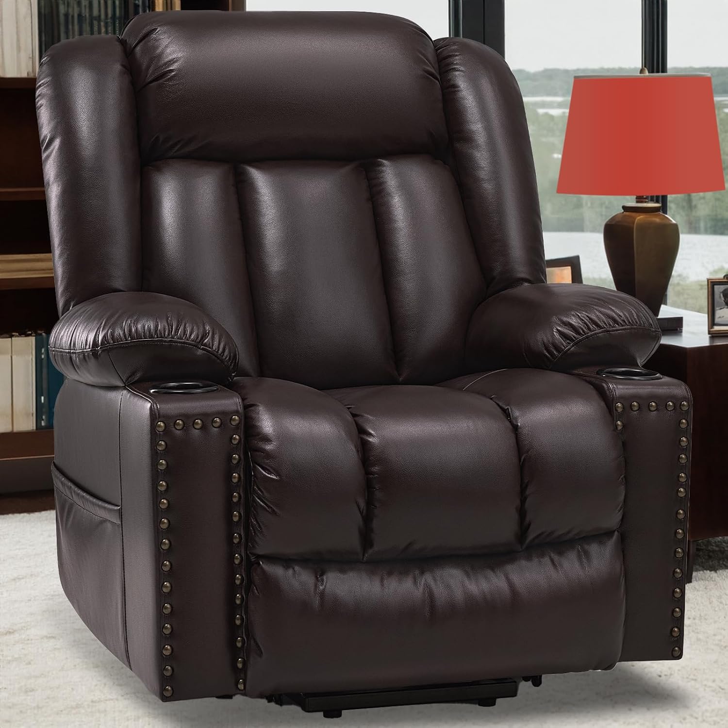 Large Power Lift Recliner Chair for Elderly with Heat and Massage, Lift Chairs for Seniors, 3 Positions, Breathable Leather, USB Ports, Cup Holder,Side Pocket, Light Brown