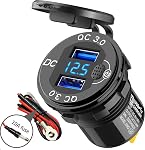 Meikuler 12V / 24V Built-in Socket Cigarette Lighter Charger, QC3.0 Type C Charger, with LED Voltmeter Display for Auto Boot Marine MacBook etc (PD & QC & Button)