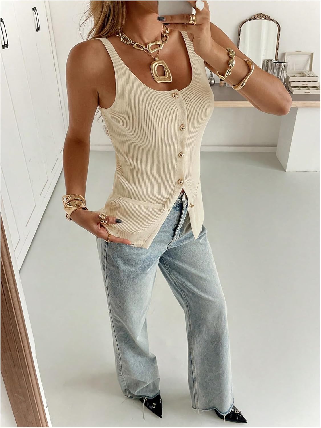 SHENHE Women's Sweater Vest Button Down Ribbed Knit Sleeveless Cardigan Vest with Pockets - Image 5
