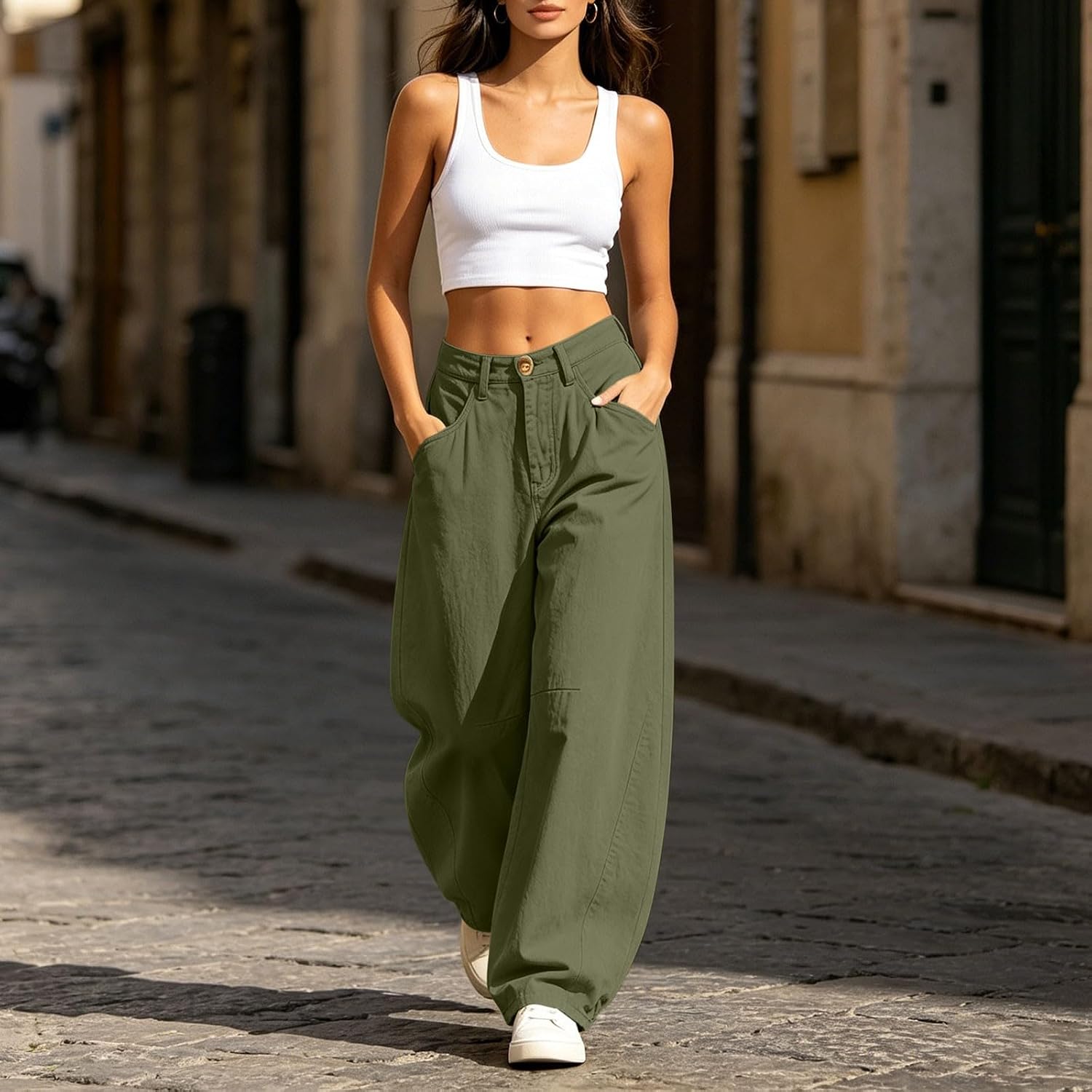 Barrel Pants Women Wide Leg Palazzo Cotton Pants Casual Beach Vacation Boho Summer Fall Outfits with Pockets