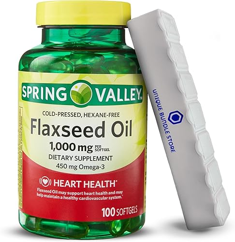 Unique Bundle Store Spring Valley - Cápsulas blandas de aceite de linaza de 1000 mg, suplemento dietético de 100 unidades + organizador de píldoras