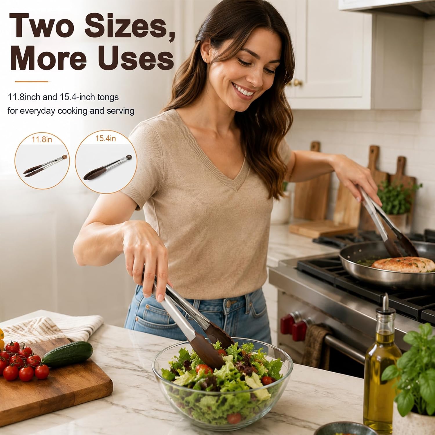 Wooden Tongs Set of 2, Wood Handle Kitchen Tongs with Food-Grade Silicone Tips, 11.8" & 15.4" for Cooking BBQ Serving Salad