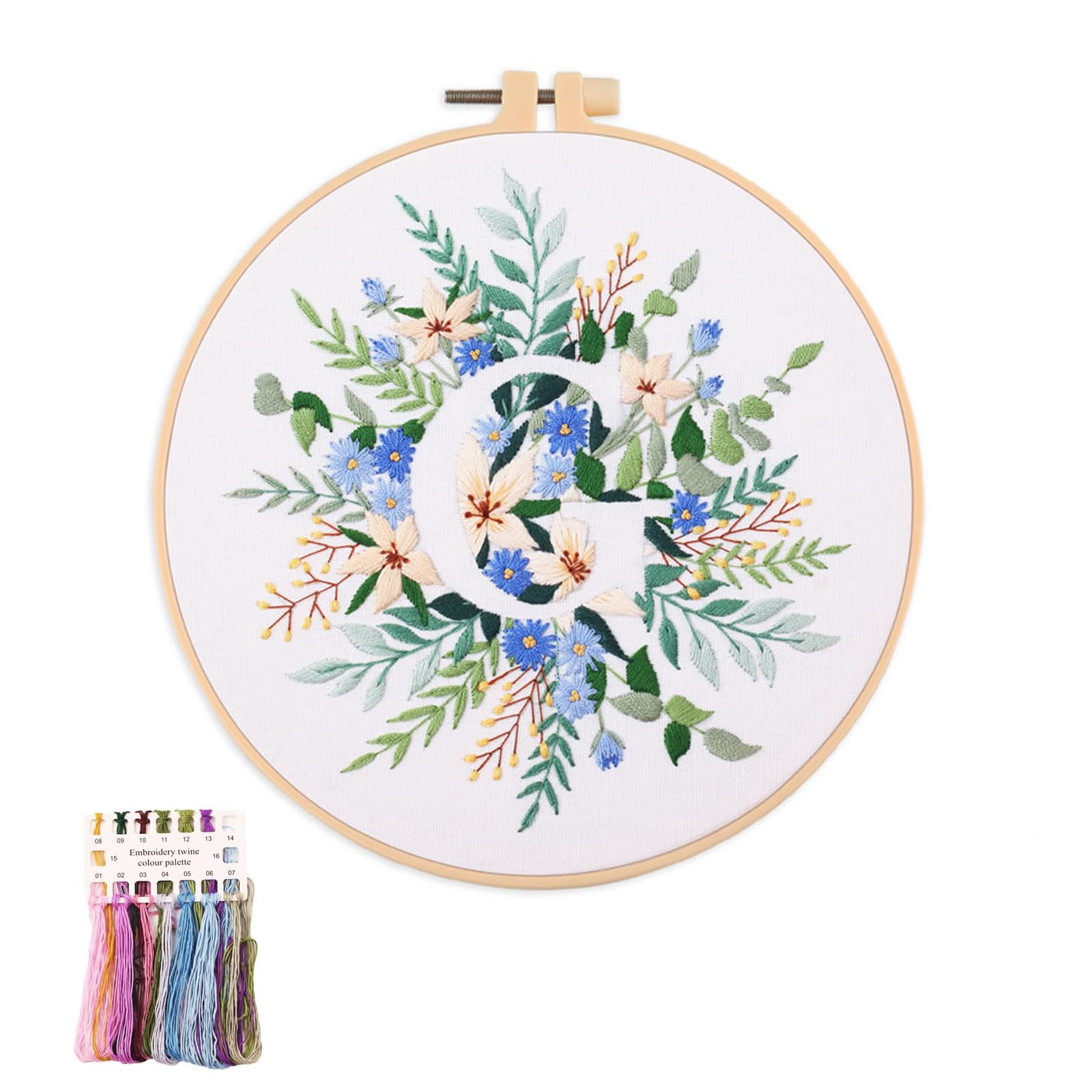 artcici Embroidery Kits Plant Flower Leaf English Letter Patterns for Beginners Adults, Full Range Embroidery Starter Kits Cross Stitch Needlework Supplies (Letter G)