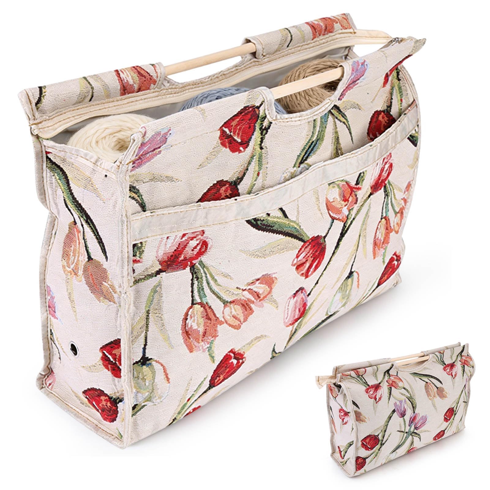 Fabric Knitting Needles Bag, Exquisite Wood Handle Fabric Storage Bag,Foldable Traveling Woven Organizer Exquisite Yarn Fabric Bag with Convenient Zipper for Knitting Needles Sewing Tools(Red Flow)