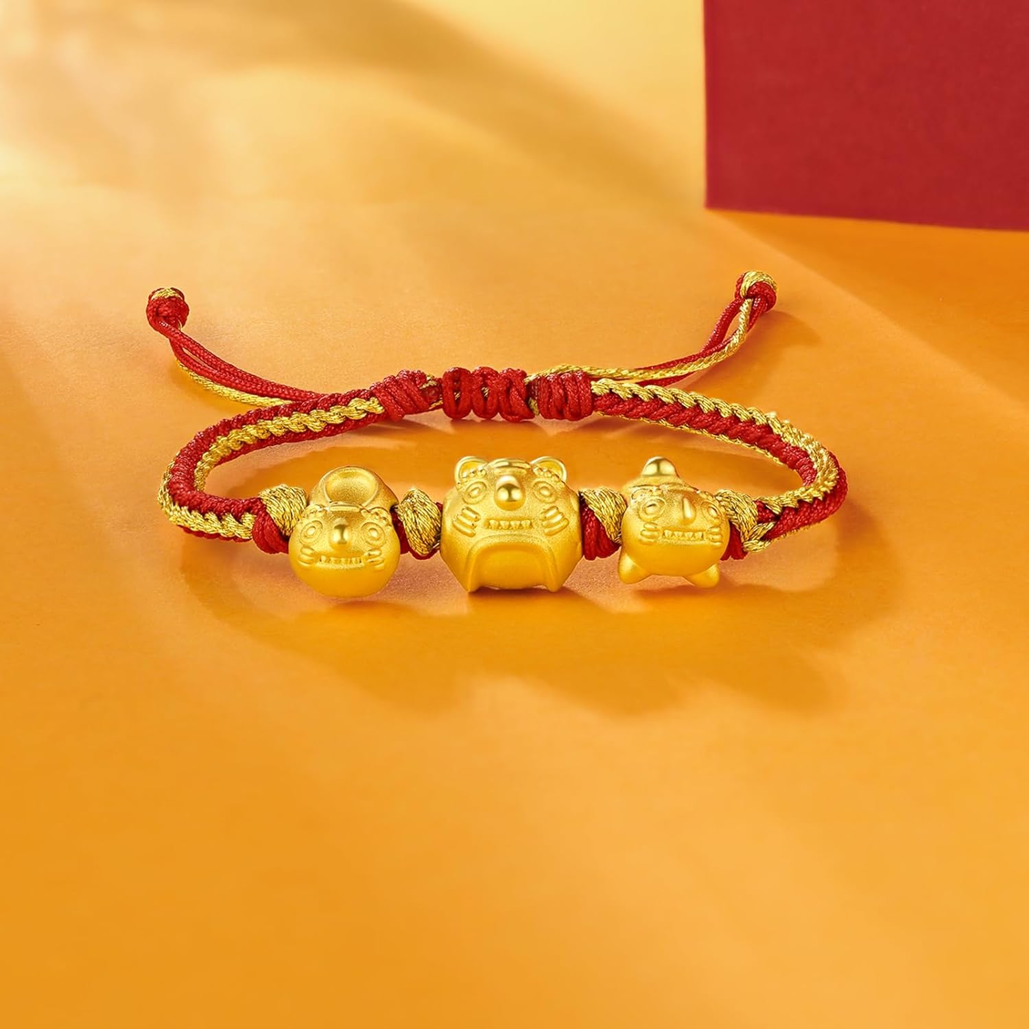 24K Solid Gold Bracelet Tiger Real Pure Gold Jewelry Lucky Chinese Zodiac Charm Red Braided Bracelet 5.1-7.5" A1711121