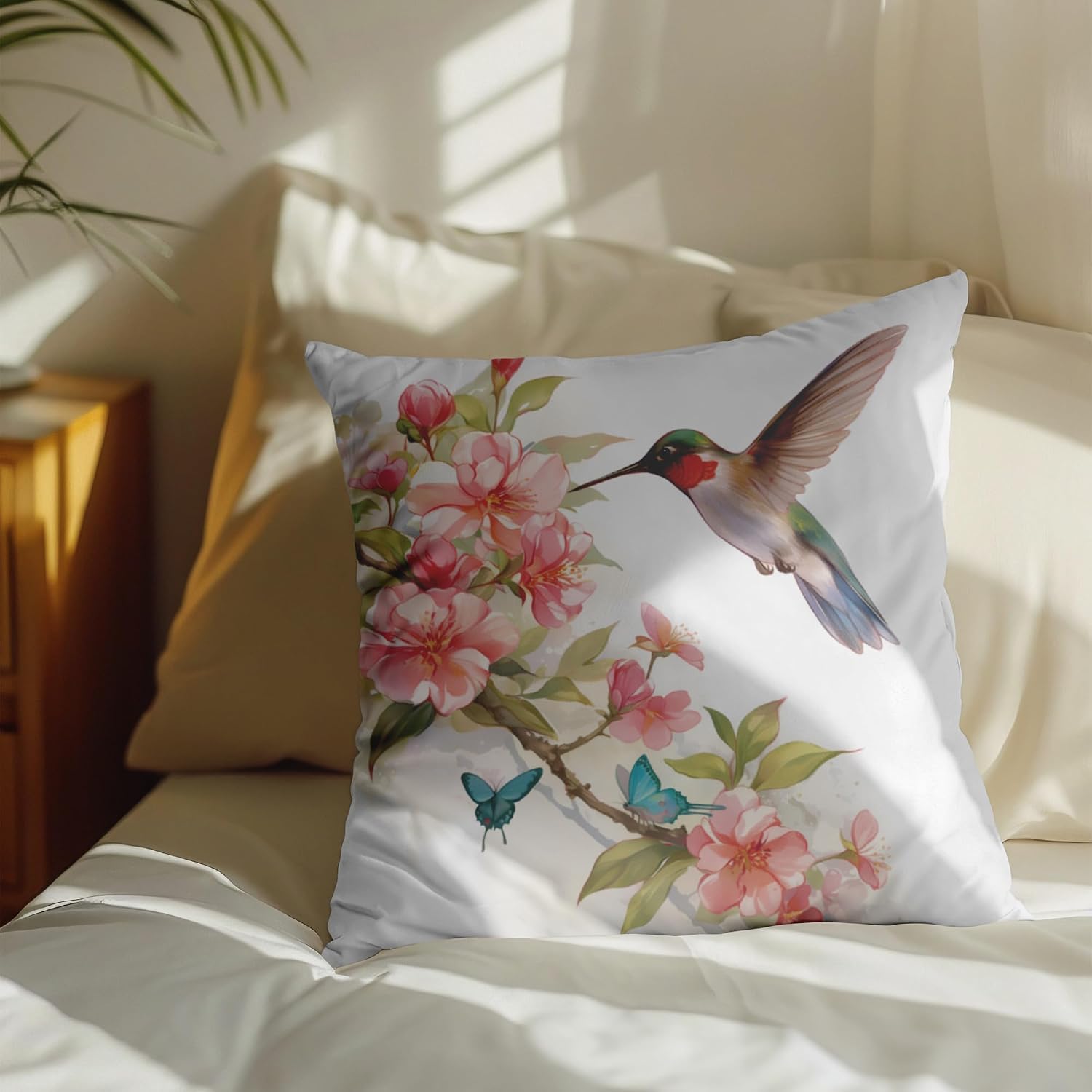 Hummingbird Floral Pillow Cover 18x18, Pink Blossom Butterfly Decor image 3