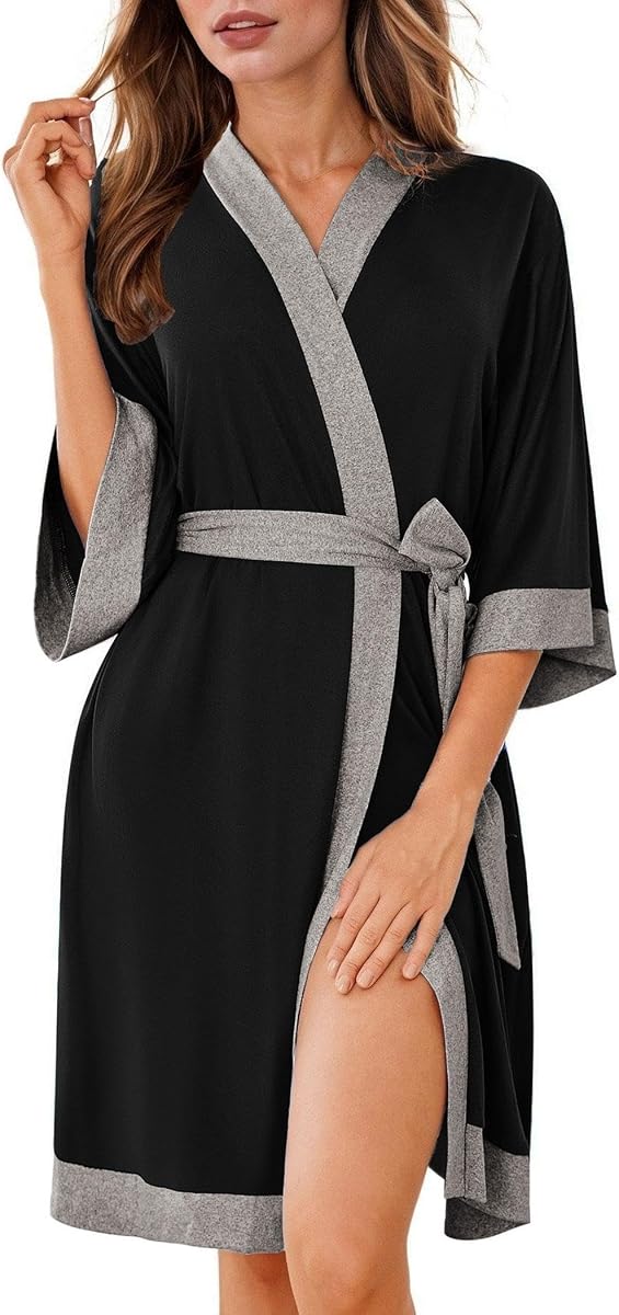 Ekouaer Batas para Mujer Albornoz Ligera Manga 3/4 Ropa de Dormir de Punto | Bata de verano para mujer con bolsillos, bata para mujer hasta la rodilla, ropa de dormir kimono
