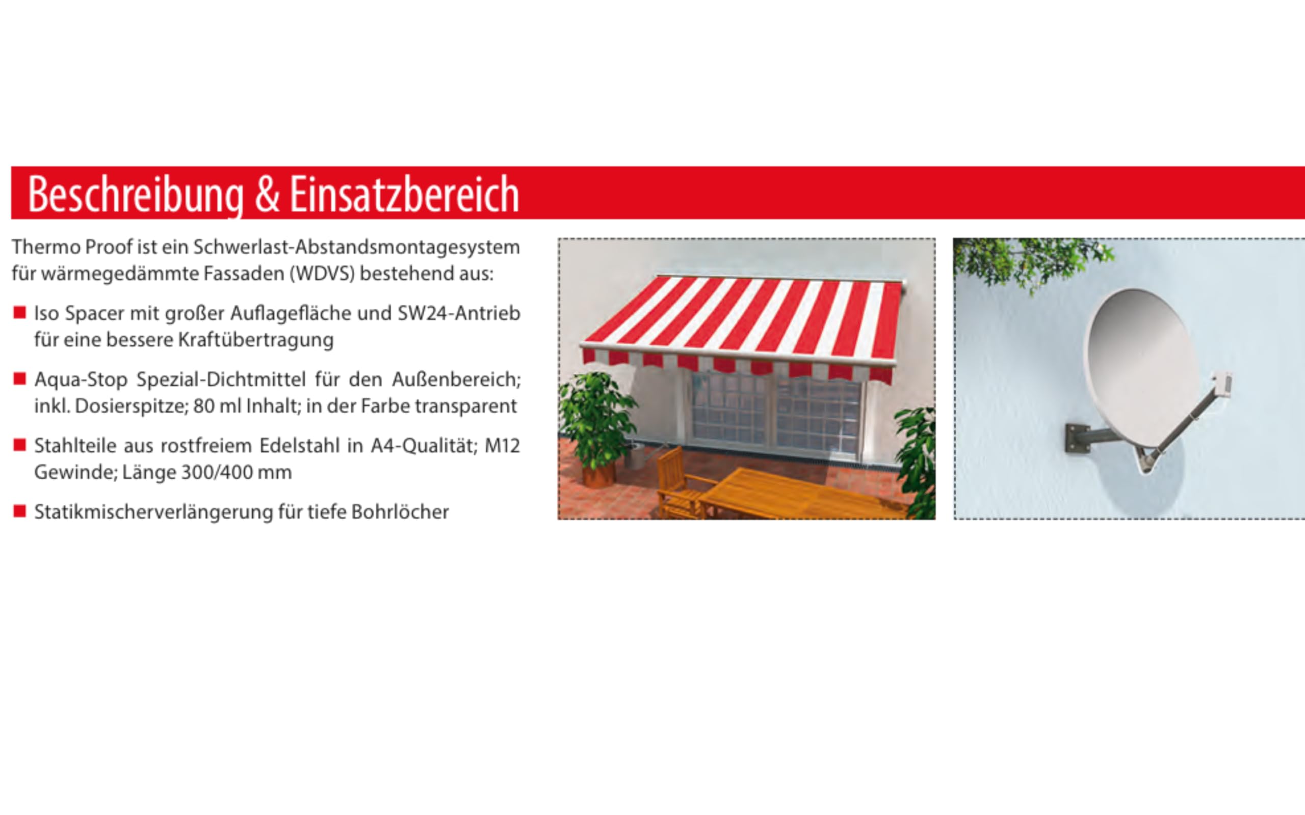 TOX Thermo Proof 12x300mm Markisenbefestigung Edelstahl A4 Set, Wärmebrückenfreie Schwerlast-Montage, WDVS Abstandsmontage mit Liquix Pro 1 und Reinigungsbürste und Dichtmittel (4x 12x300mm SET)
