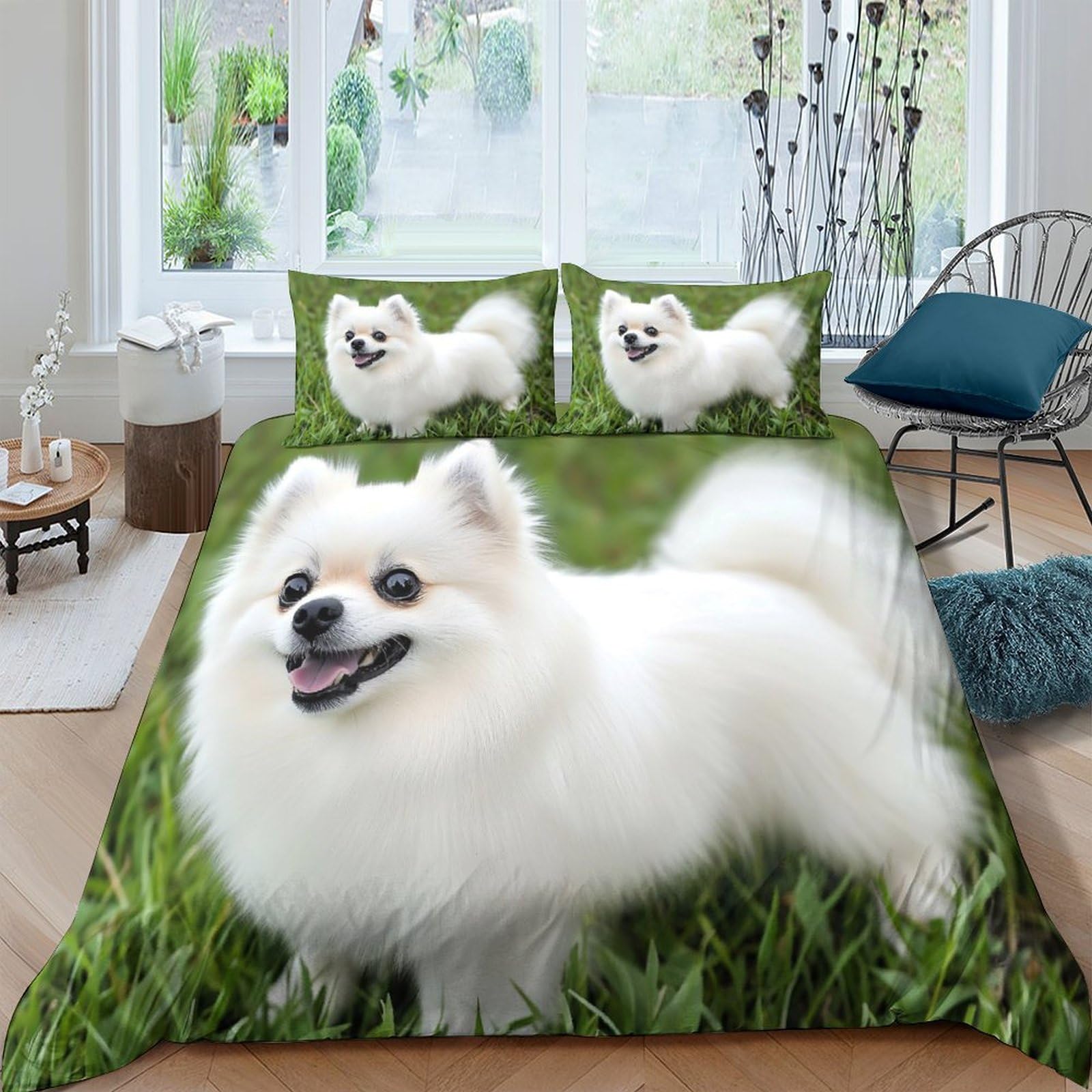 Ctjqhvkz Style-8 3D Printed White Pomeranian Dog Fitted Sheet Microfiber Soft Animal Bed Cover For Bedroom Guest Room Mattress Decor Single（135X200cm）