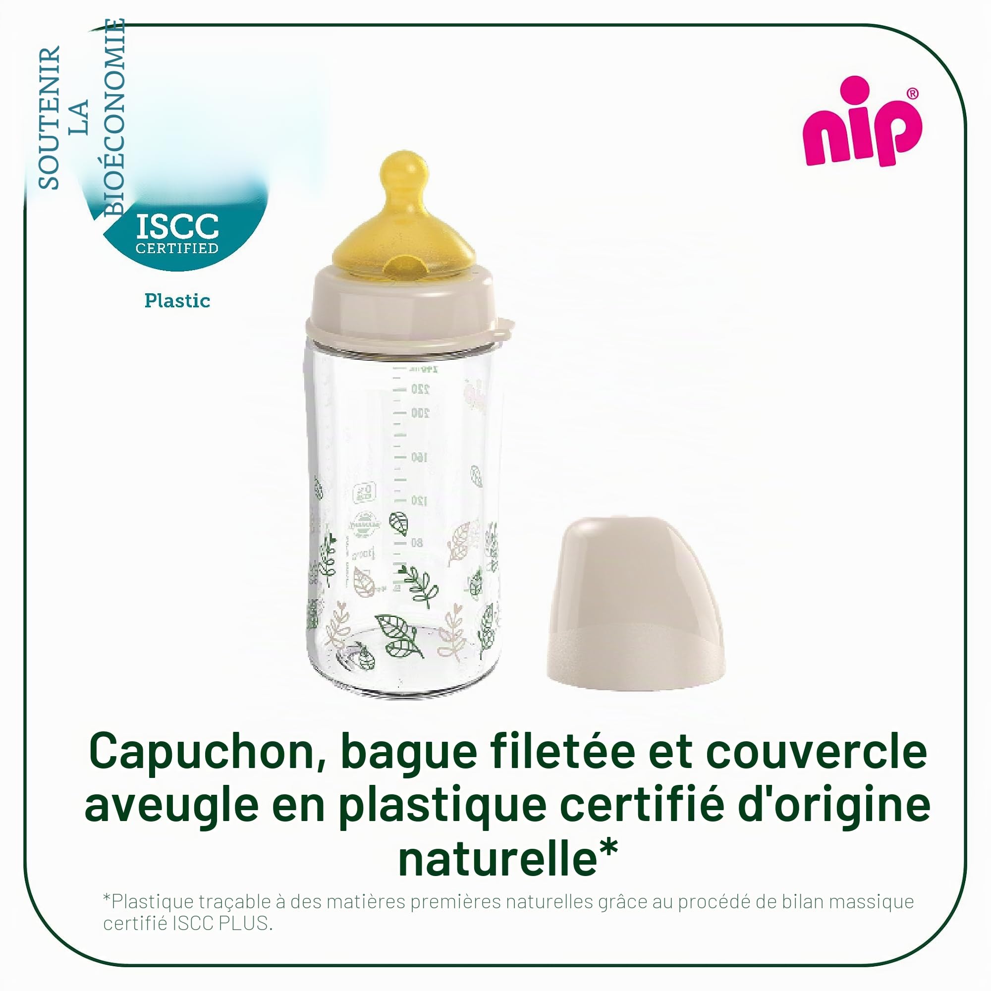 nip Cherry Biberon à col large en verre, avec tétine en caoutchouc naturel, anti-colique, taille S, dès la naissance, 120 ml, marron