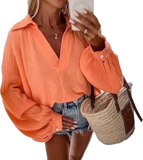 Silunma2021 Women's V-Neck Lapel Cotton Shirts Pullover Casual Long Sleeves Shirts Solid Color Comfort Loose Shirts