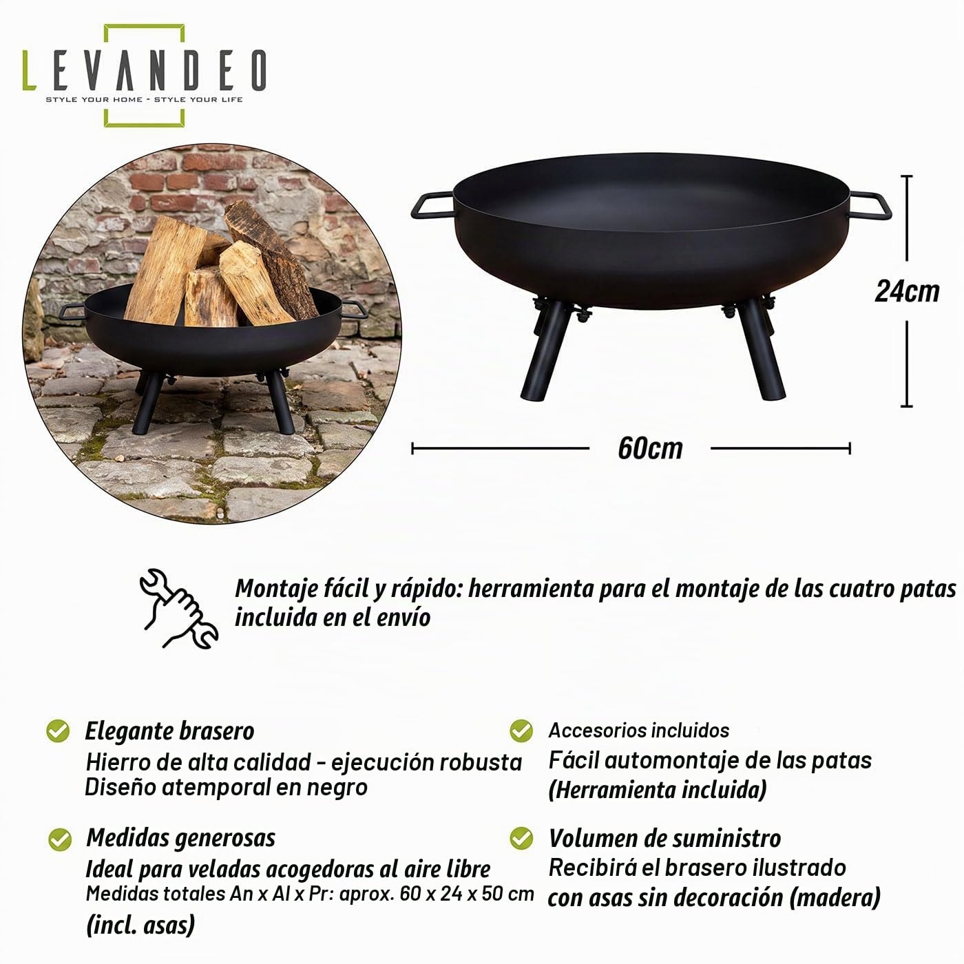 levandeo Brasero de jardín de 50 cm, hierro negro, para terraza, exterior, chimenea, jardín, hoguera, fogata, decoración de jardín