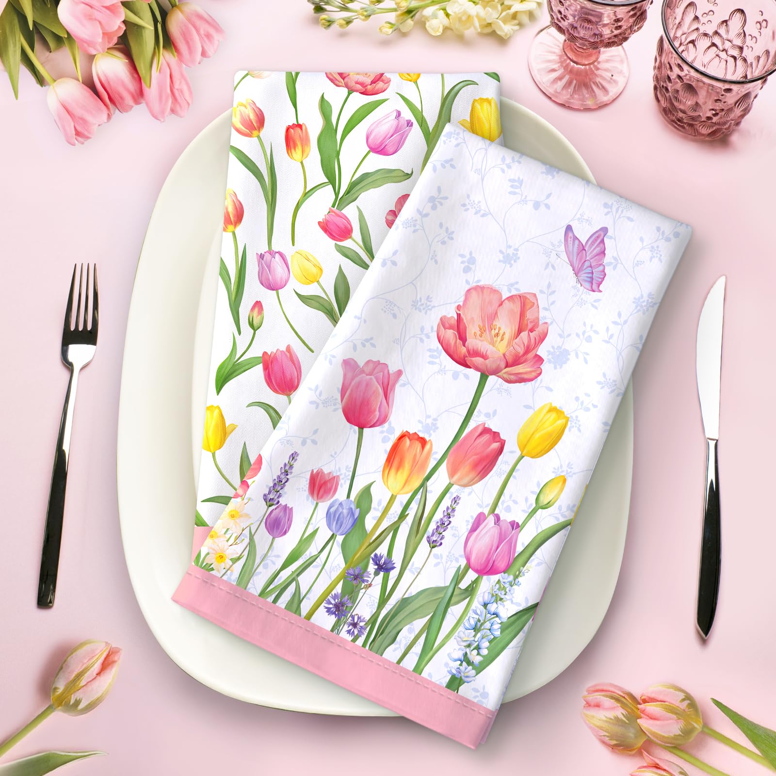 Set 4 Strofinacci Da Cucina Fiore Acquerello - Cotone 100%, 48x70 Cm, Motivi Farfalle - Super Assorbenti E Decorativi - Foto 10