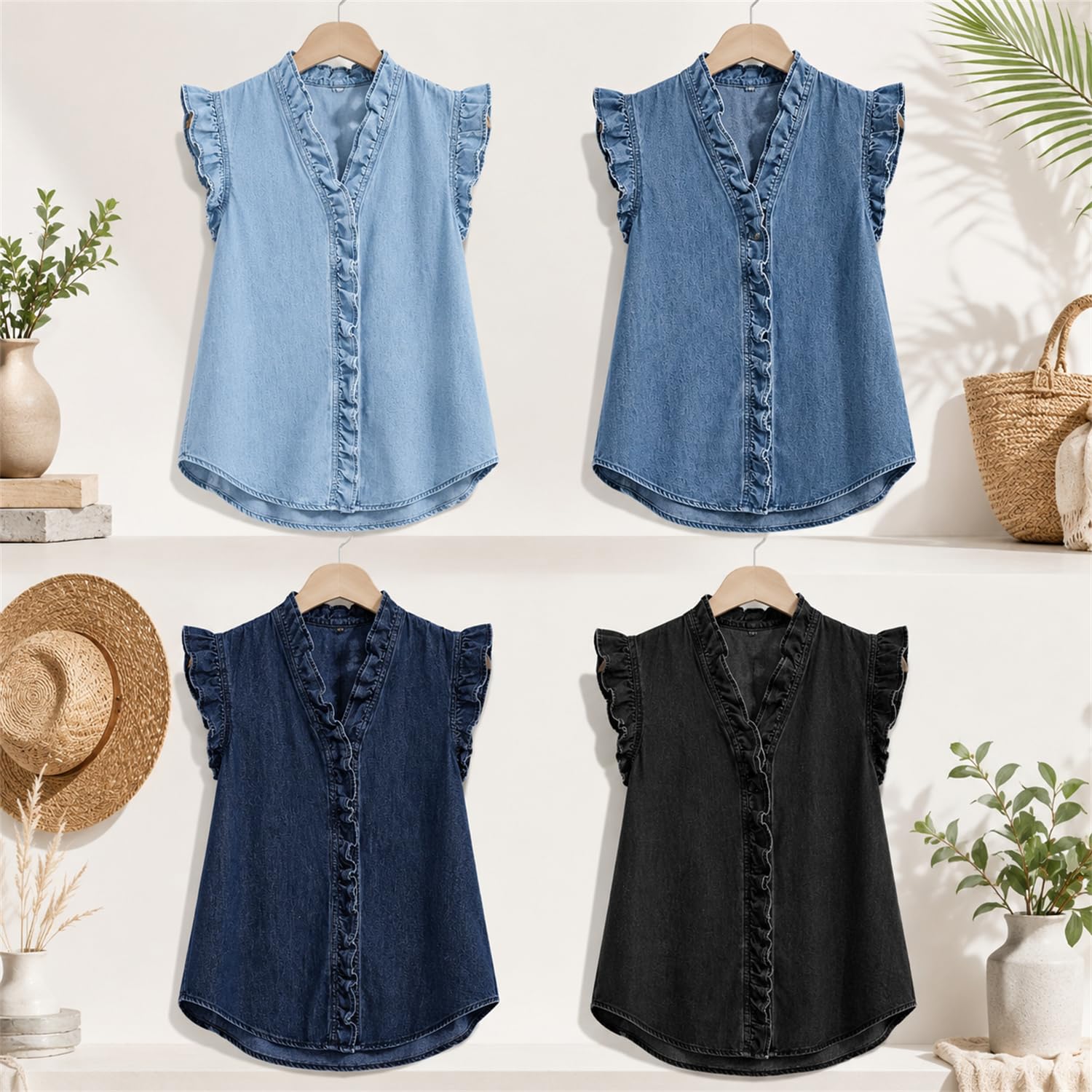 Haut en Jean sans Manches Style Chemisier boutonné avec Volants et Bas