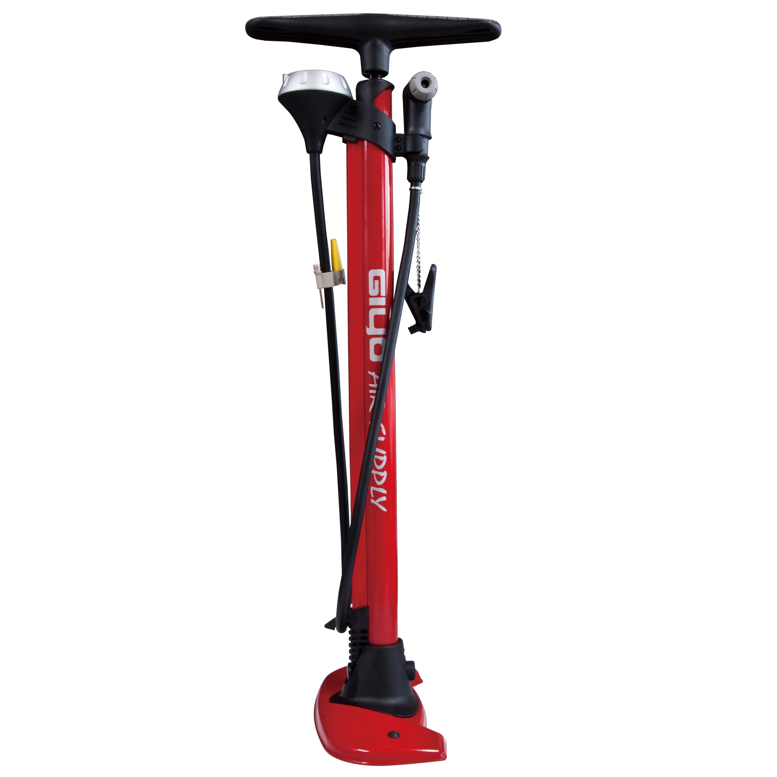 GF-54 Floor Pump, Red, Compatible with Schrader and Presta Valves, Includes English Clip, Ball, Float Adapter, Shoulder Bag