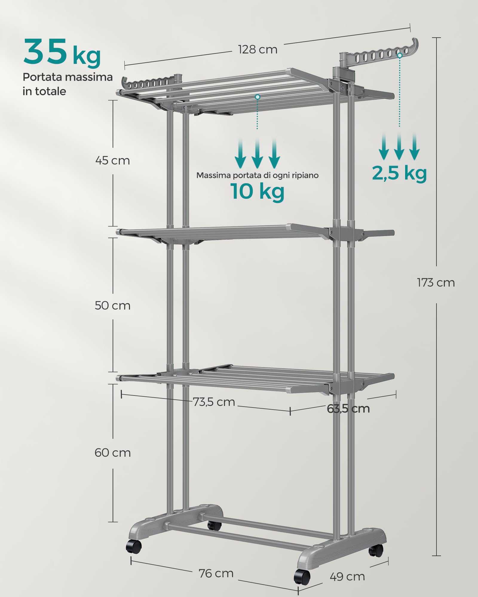 SONGMICS Stendibiancheria, Stendino Pieghevole a 4 Livelli, con Ruote e Ali Richiudibili, 63,5 x 128 x 173 cm, Capiente, Uso Interno ed Esterno, Grigio LLR701G01