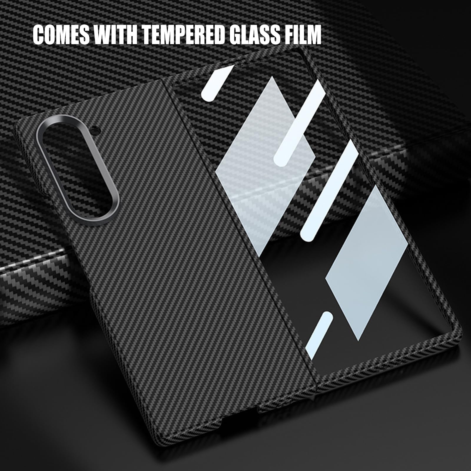 Smukłe etui do Samsung Galaxy Z Fold 6, wbudowana osłona ekranu ze szkła hartowanego, odporna na wstrząsy osłona ochronna cienka tekstura włókna węglowego, twarda obudowa, niebieska, składana