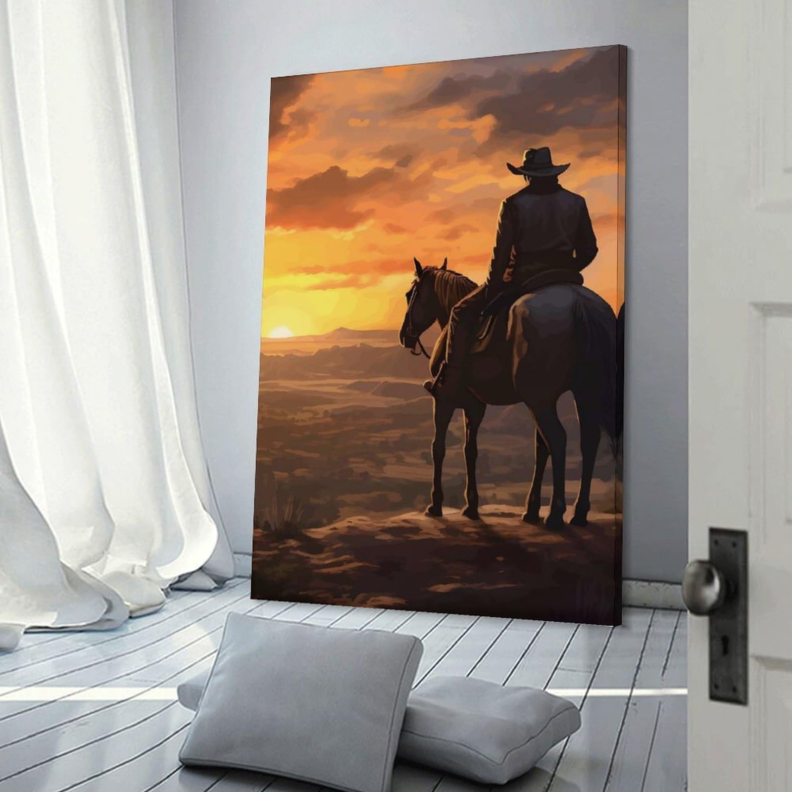 Junmoney Cowboy on Horseback at Sunset Wall Art Print, 20x30inch(50x75cm), for Entryway, Lounge Links Or Small Walls, Decorative Canvas Styling for Entry Areas