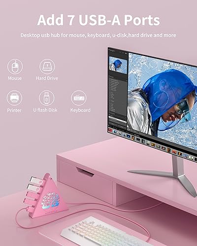 Vista 24 de 7 puertos USB 3.0, Hub USB Howling Wolf Pink – Cable de 2 pies de largo, expansor de concentrador USB vertical compatible con PC, laptop, unidad Rosa