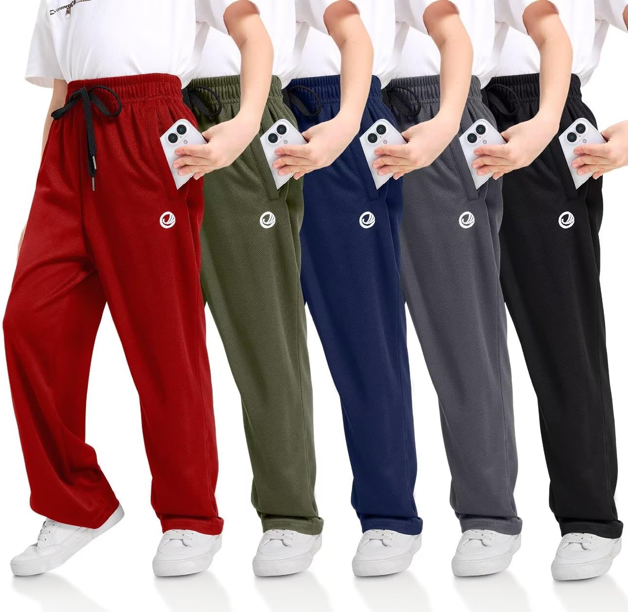 Boys Sweatpants with Zip Pockets 5Pack Athletic Pants Mesh Joggers for Boys 5-24