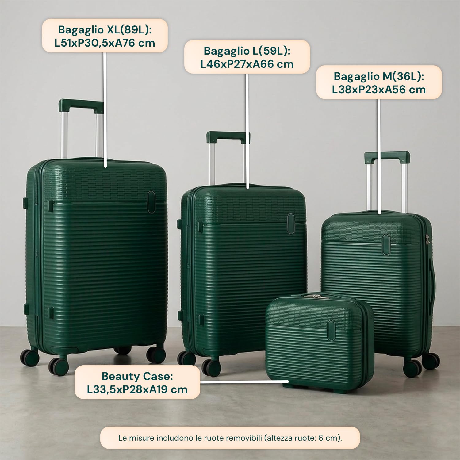Avilia Set Valigie da Viaggio Rigide in ABS con Beauty Case - Set 3 Trolley 4 Ruote Doppie, Valigia Piccola Media Grande, Organizzazione Interna, Chiusura Rinforzata - Set 4 Pezzi (Verde)