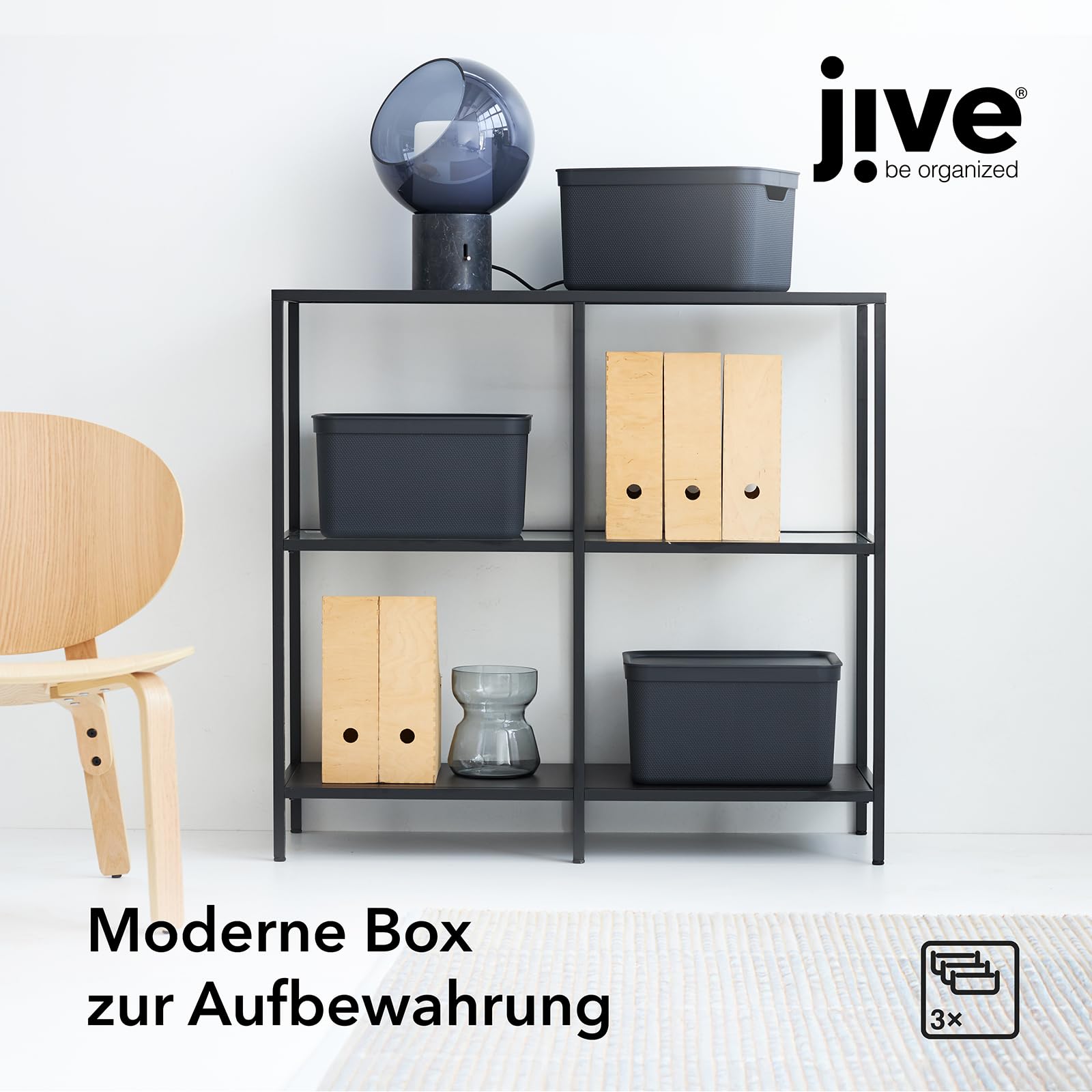 Rothos Jive Lot de 3 Boîtes de Rangement 16 L avec Couvercle, Gris Foncé | Bacs de stockage empilables format A4 en plastique recyclé, design Red Dot Award, dimensions 36,5 x 27 x 27 cm par bac.