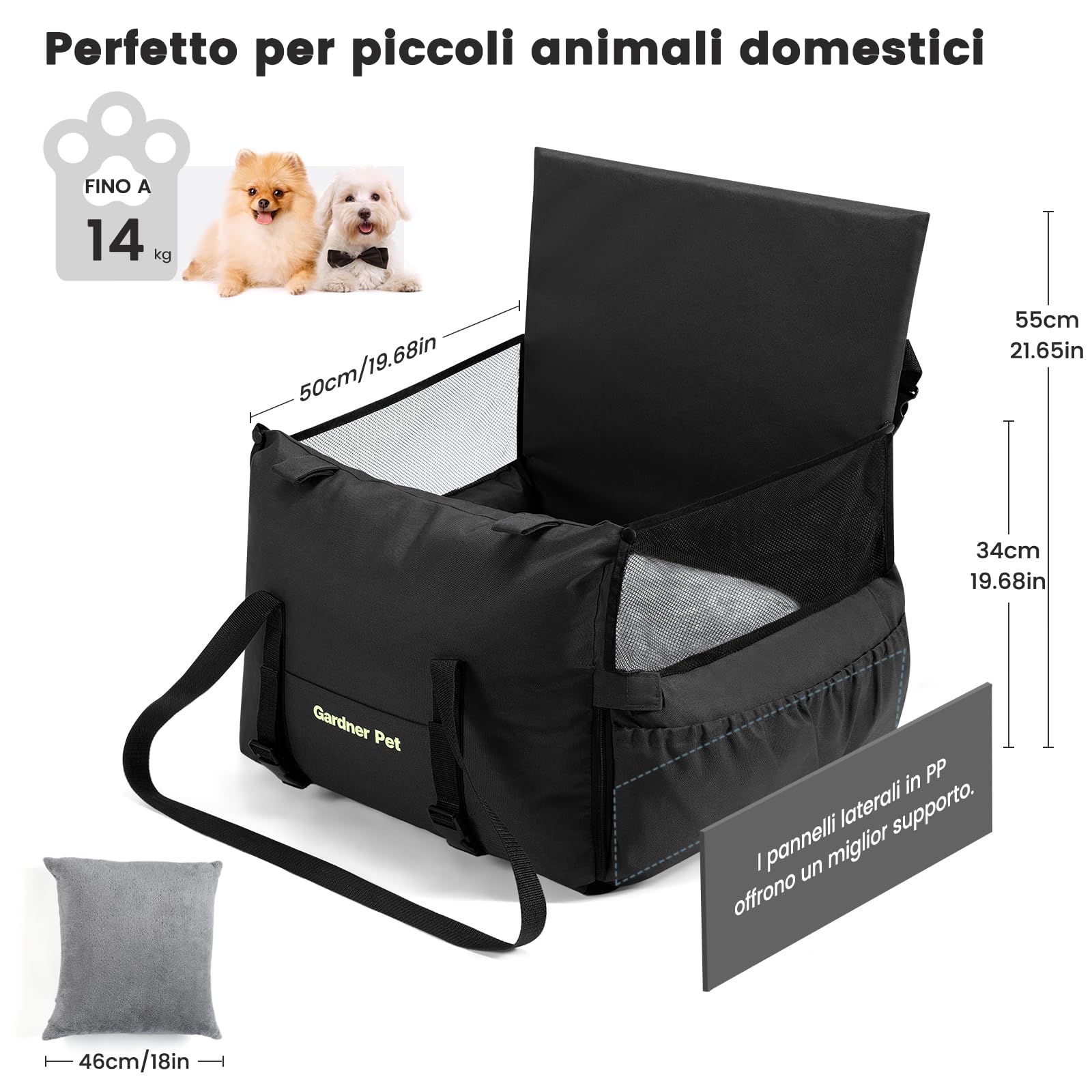 Gardner Pet Seggiolino Auto per Cani, Rialzo per Piccoli/Medi Cani, Letto per Auto con Guinzaglio di Sicurezza Staccabile, Tasche Portaoggetti, Imbottitura in Memory Foam Rinforzata, Blu scuro