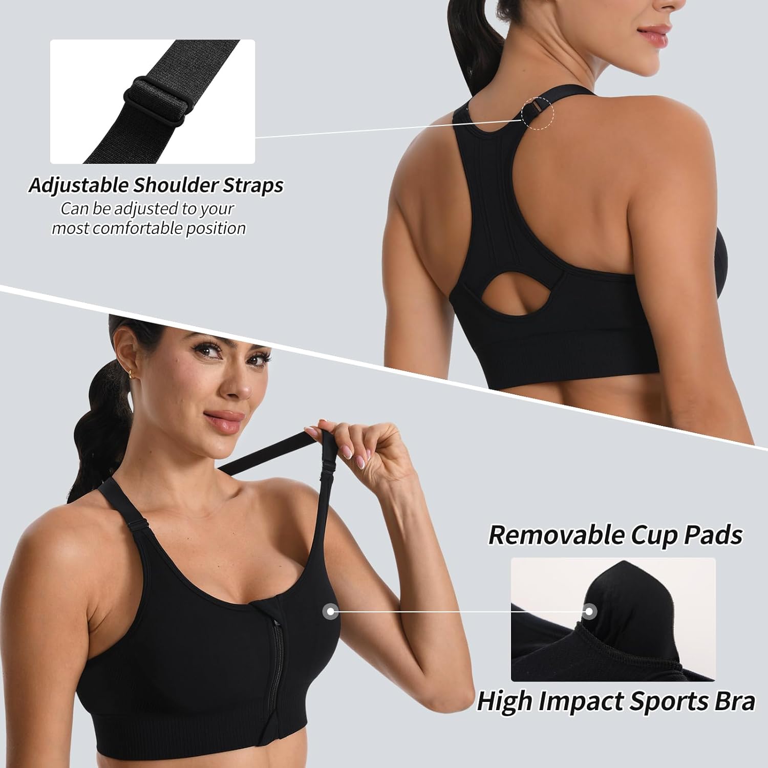 2 Pack Adjustable Sports Bras for Women, Zip Front Closure High Impact Seamless Wireless Padded Workout Gym Yoga Bra