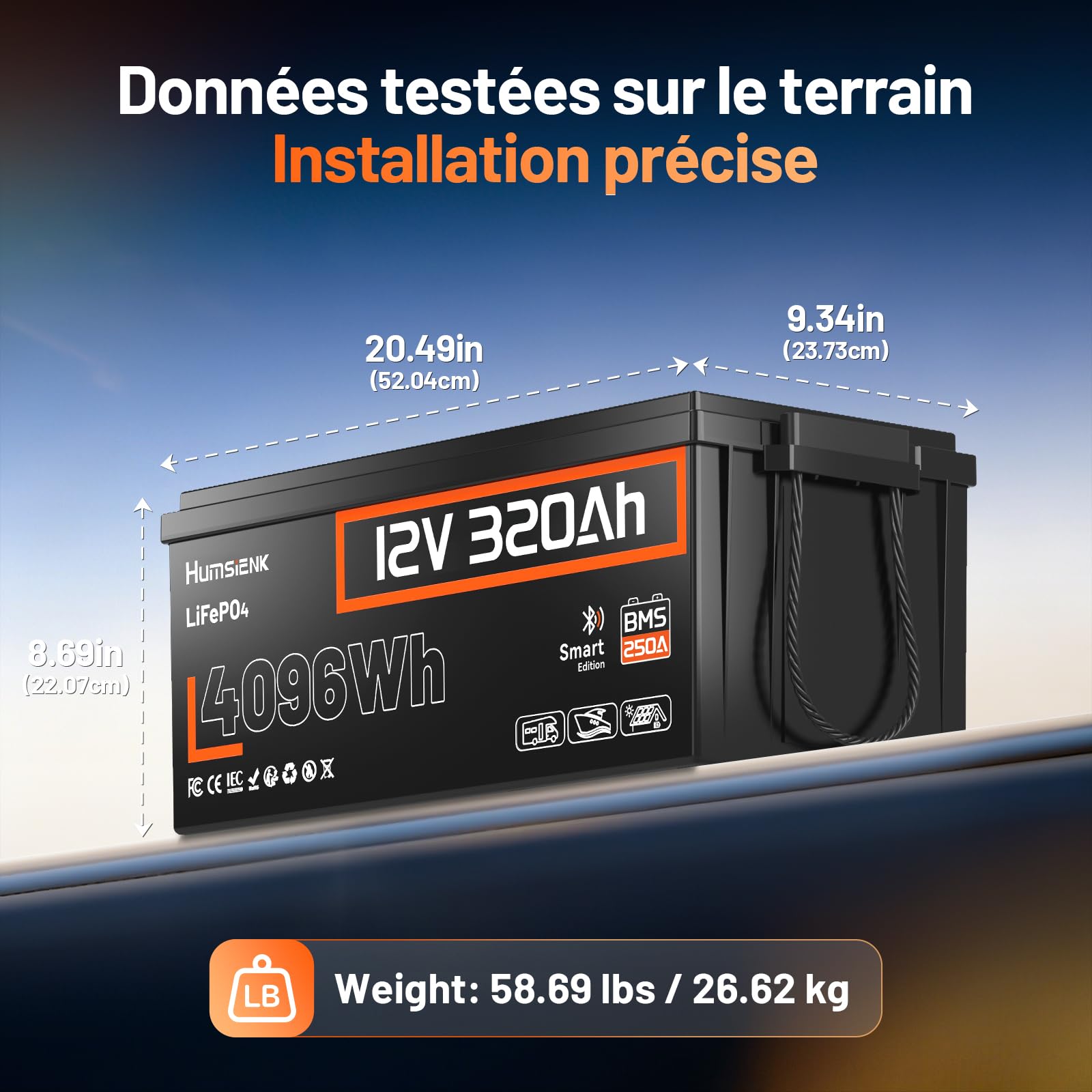 Humsienk Bluetooth Batterie Lithium 12V 320Ah LiFePO4 avec BMS 250A, 4096Wh Energie, 15000 Cycles à Décharge Profonde, Protection Basse Température pour Camping-Car, Bateau, Stockage Maison, Off-Grid