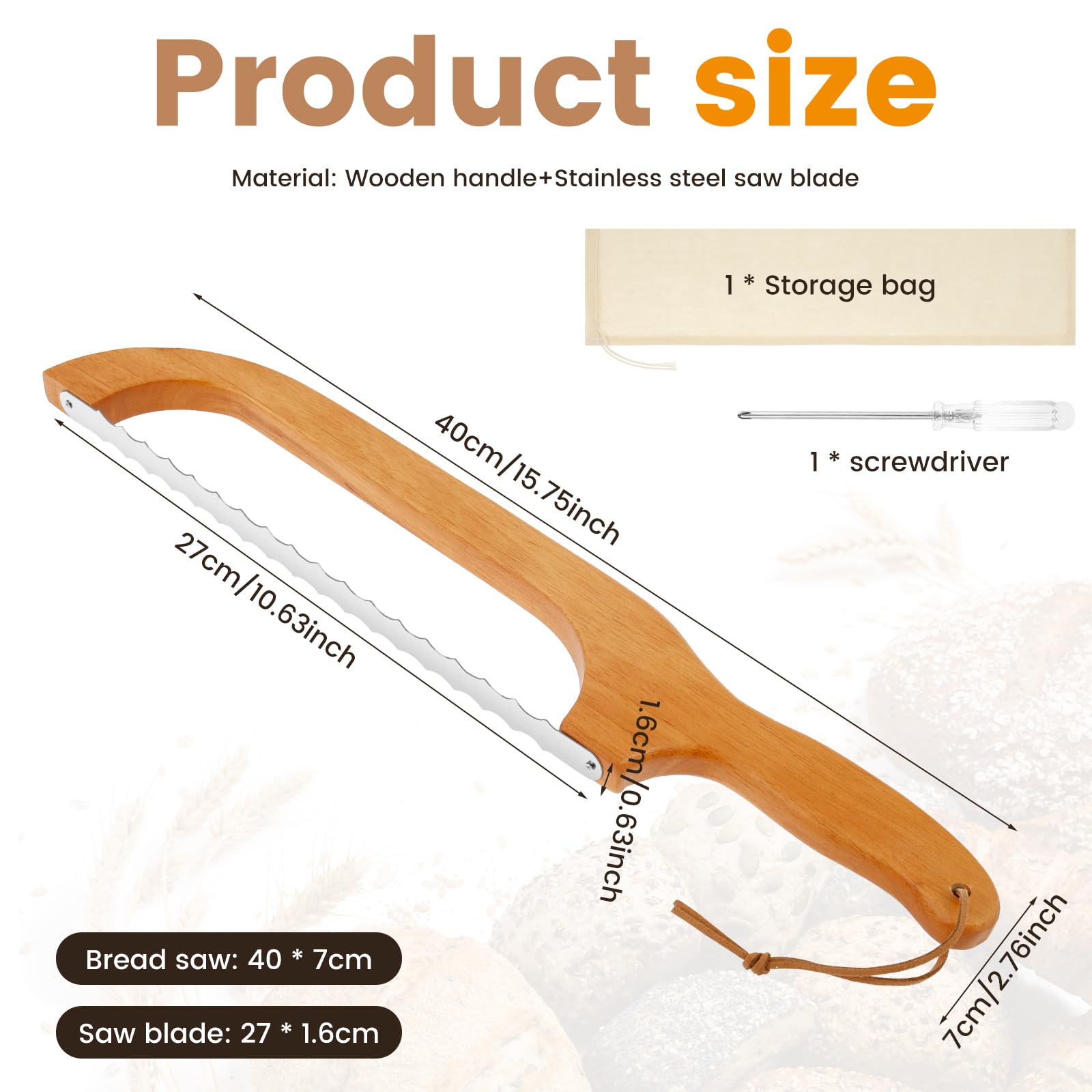 HJJWNDDNG Sourdough Bread Knife for Homemade Bread 10.6 inch Bilateral Serrated Wooden Breads Bow Knife Efficient Breads Cutter Slicer for Even Slicing