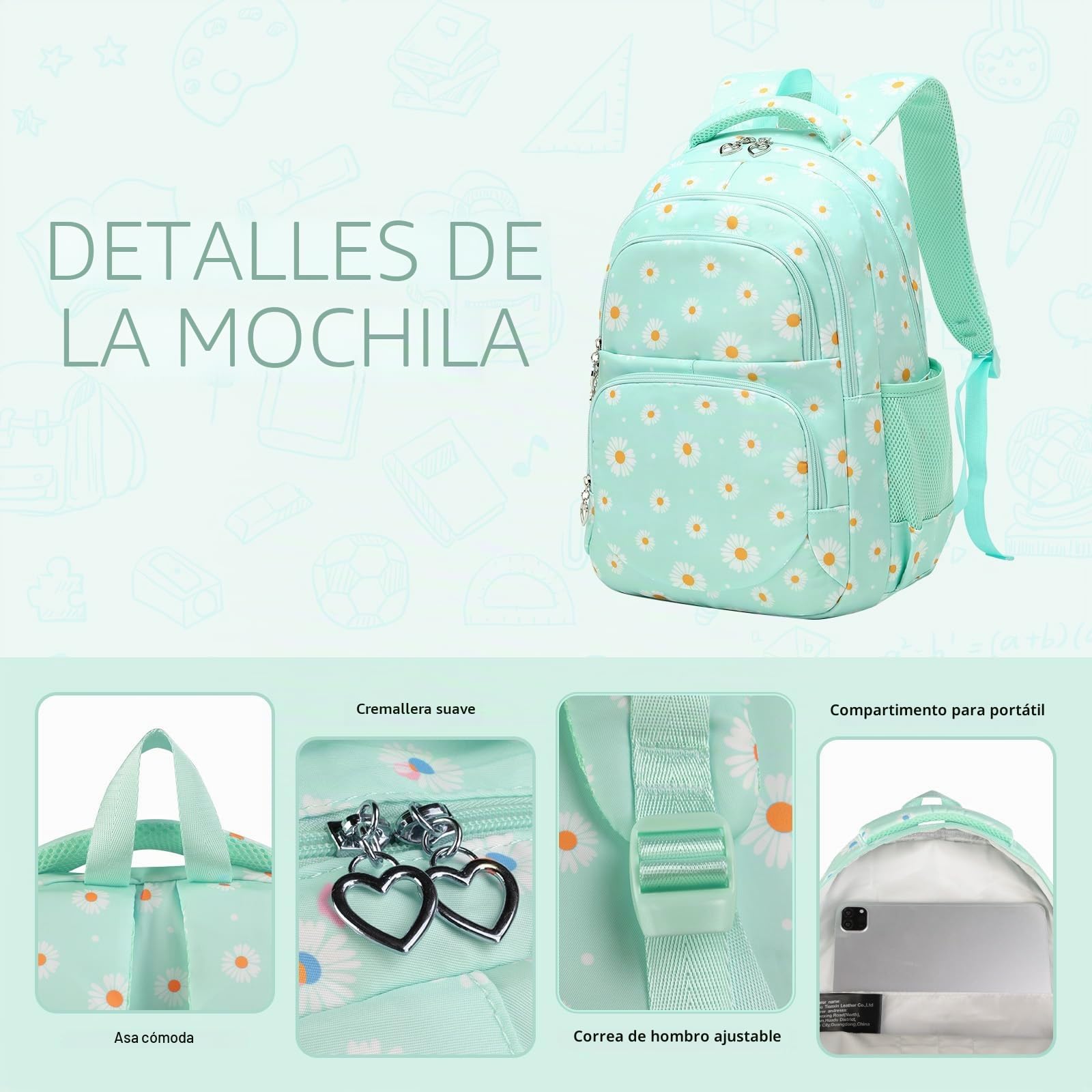 Juego de mochila escolar con estampado de margaritas, bolsa de almuerzo, estuche para lápices, 3 piezas, para adolescentes, niñas, niños, primaria, secundaria, resistente al agua, ligera