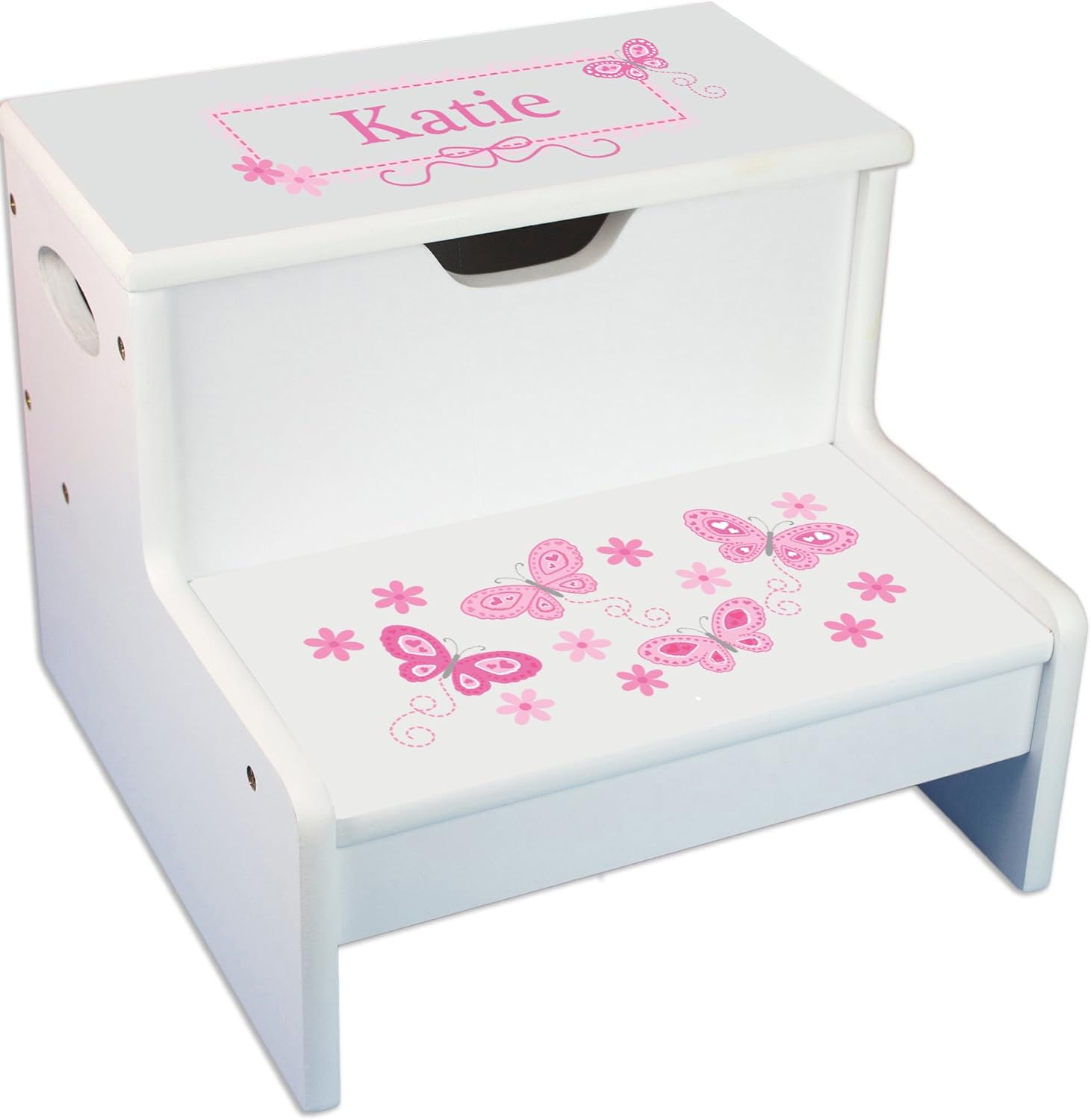 My Bambino Personalized Kids Step Stool | White Step Stool and Storage with Pink Butterflies Design | Custom Name Toddler Bathroom & Kitchen Helper | Great Baby Gift