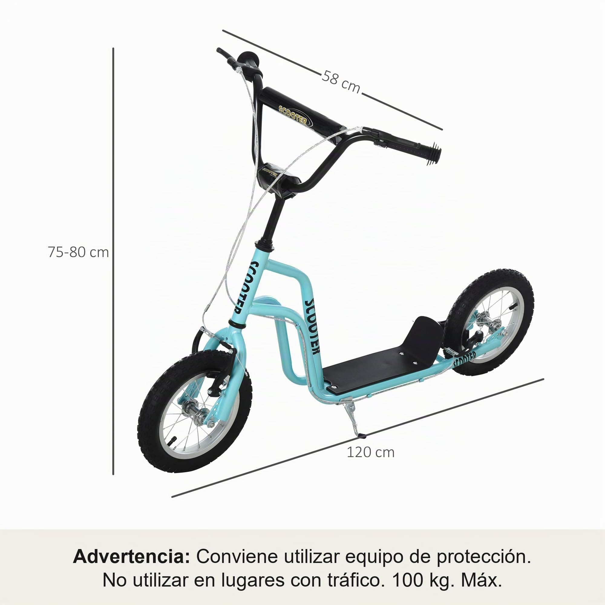 HOMCOM Patinete para Niños Manillar Ajustable 120x58x75-80 cm | +5 Años, Patinete Infantil, Doble Freno, Estructura de Acero, Carga 100 kg, para Adolescentes