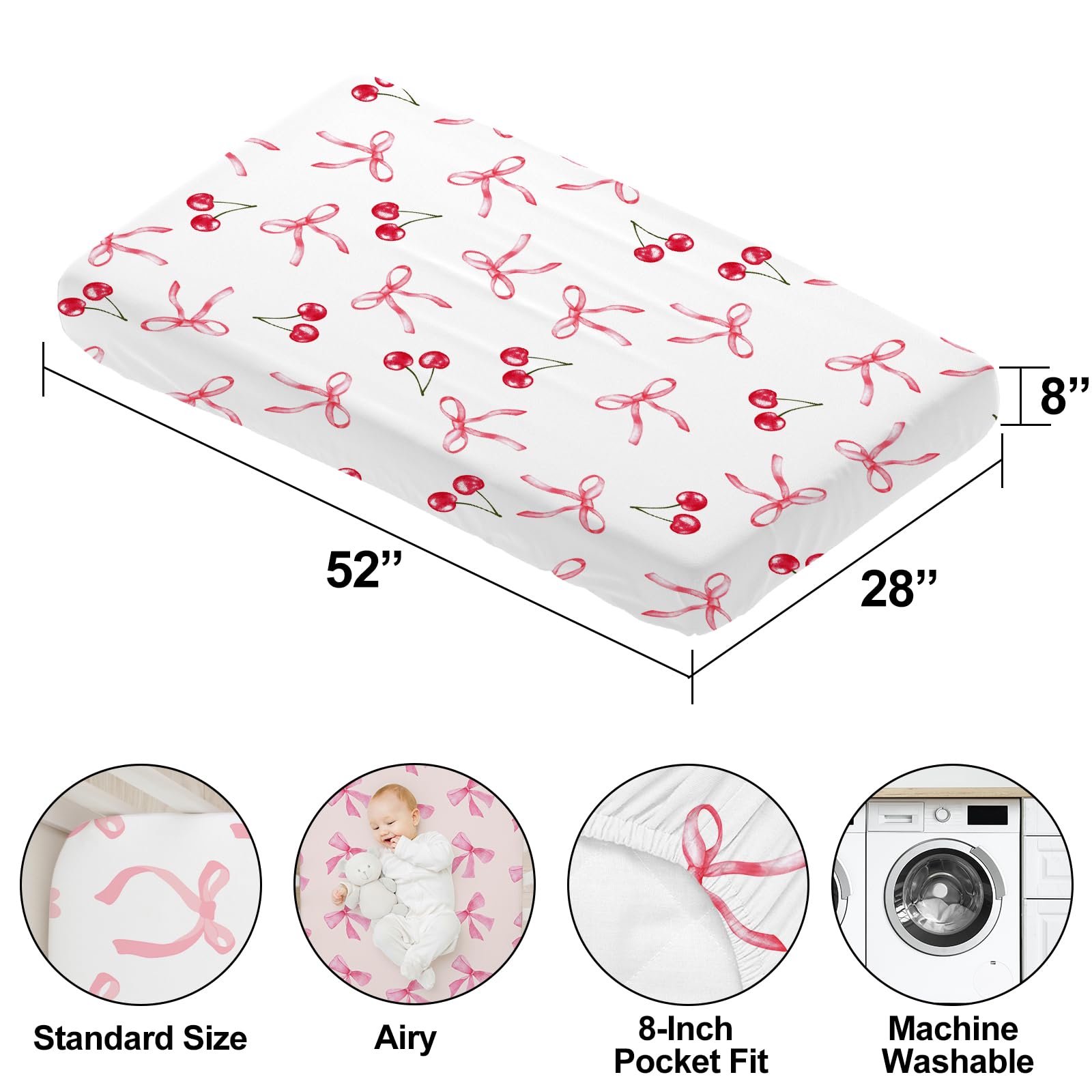 Juego de 4 sábanas para cuna con lazo rosa para bebé, sábana bajera ajustable suave y transpirable de 28 x 52 pulgadas, decoración de guardería para colchones estándar de cuna y cama infantil