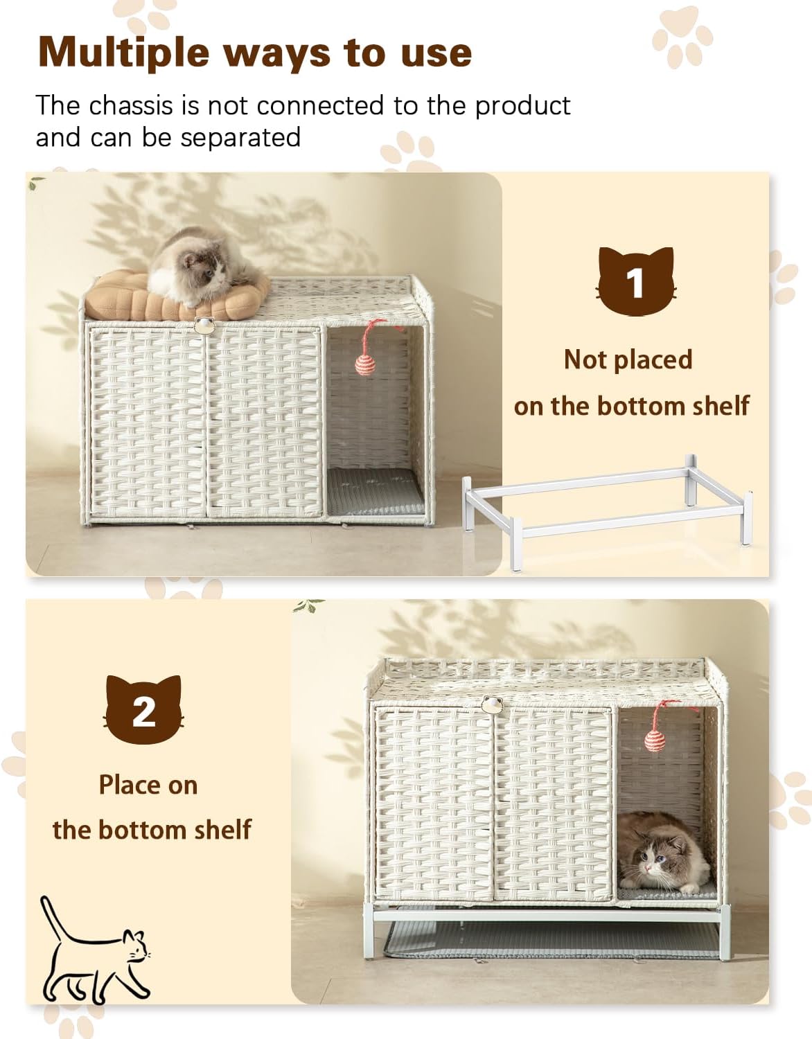 Cat Litter Box Enclosure, Cat Litter Box Enclosure Furniture with Cat Litter Mat, Handwoven Rattan Cat House with Metal Heightened Feet, 31.2×19.6×24.2 Inches Living Room, Bedroom（White）