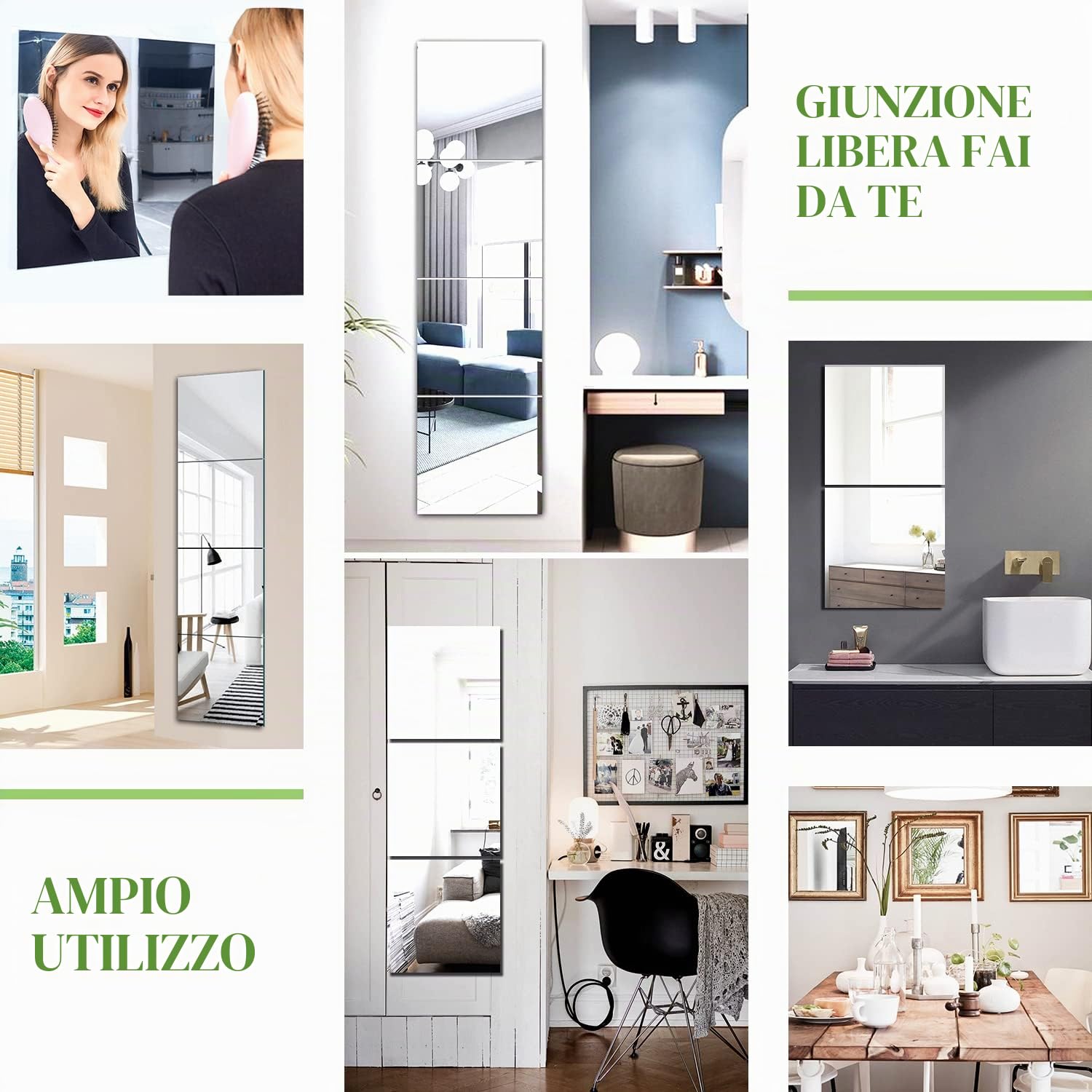 Specchio da Parete Lungo Adesivo Vetro, Specchio Rettangolare Figura Intera, Specchi Grande da Parete per Camera Letto, Soggiorno, Armadio, Porta, Palestra