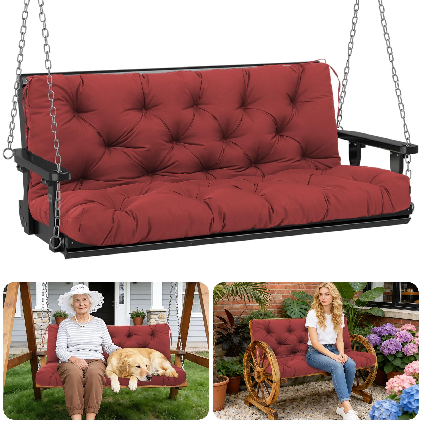 Porch Swing Cushions Outdoor 40 inch x 40 Waterproof Swing Cushions 3 Seater Replacement with Backrest &amp; 8 Ties 5" Thick Bench Swing Cushions for Outdoor Furniture Patio(Wine red)