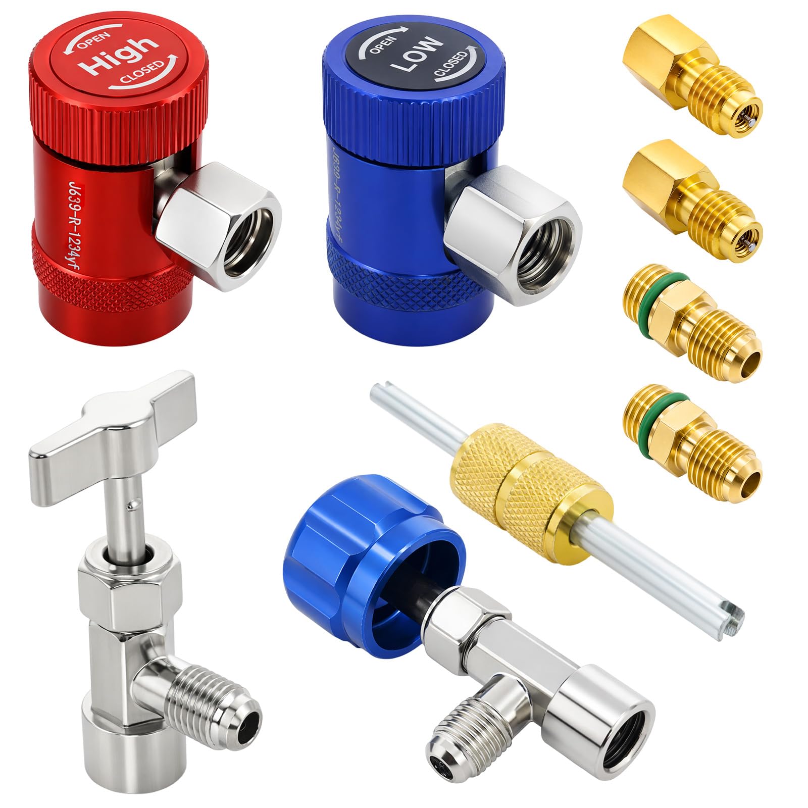 Ketofa R1234yf Adapter-Schnellkupplungs-Set für R1234yf Kältemittel, selbstdichtendes Dosenhahn- und Ventilkernentferner-Set, hohe und niedrige Seite R1234yf Adapter für 1/4 Zoll & 1/2 Zoll